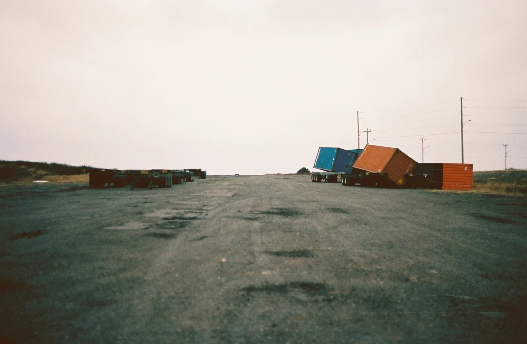 Shipping containers toppled by the wind