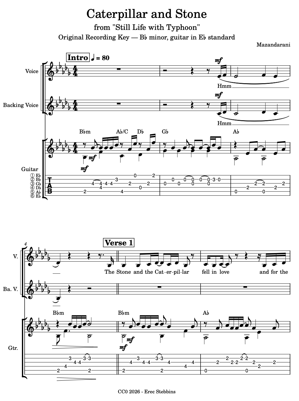 Image of the first page of sheet music for the song "Caterpillar and Stone"