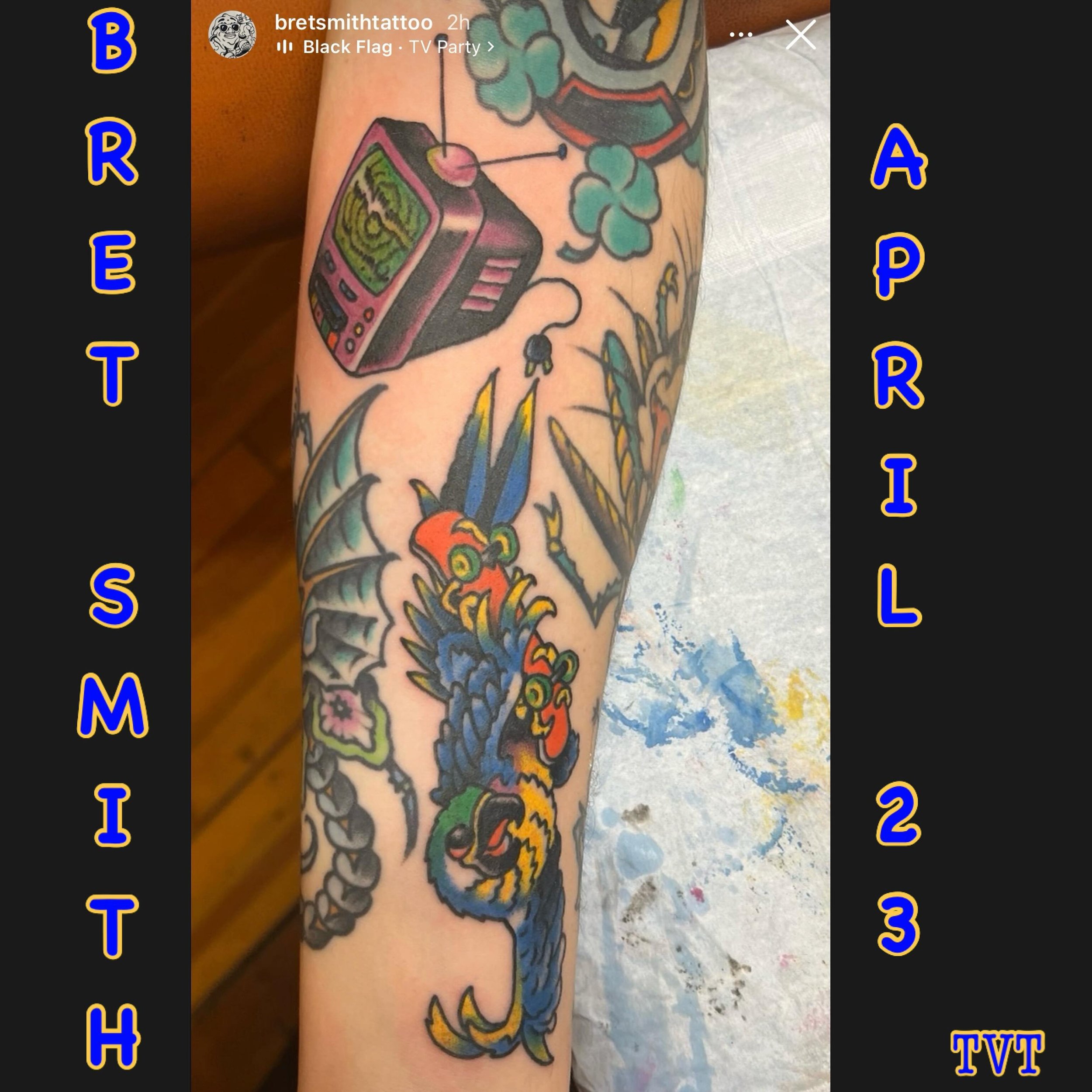 @bretsmithtattoo will be at the shop Tuesday April 23 and has some time later in the day to tattoo you. Come get something cool and have a fun time !