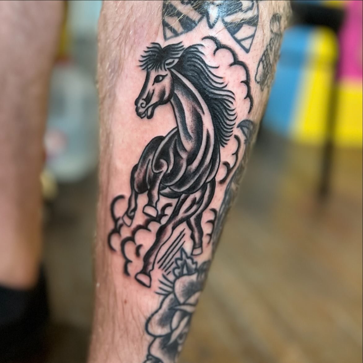 Fit this horse tucked right into some of the other tattoos I&rsquo;ve done on Chris&rsquo; leg. I absolutely love horses, in real life and in tattoos. This has always been one of my favorite pieces of flash, stoked to get to finally tattoo it.