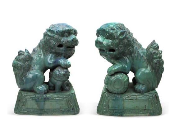 Pair of 19c. emerald glazed Foo Dogs