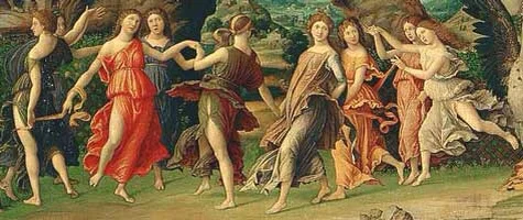 Painting of the 9 Greek Muses from Mantega's Parnassus 1497, Louvre, Paris