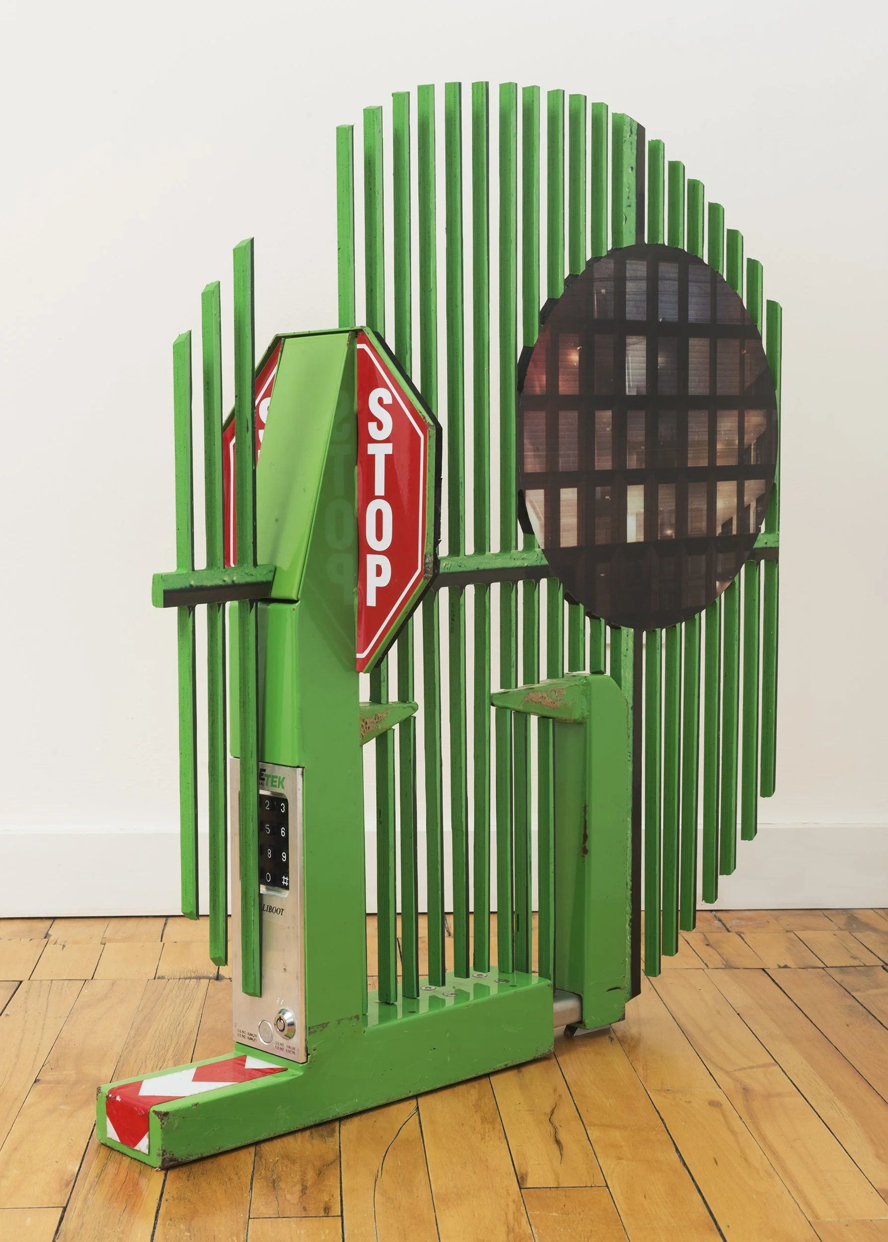  Vacant, 2025 UV curable ink on vinyl, plywood, acrylic paint, found car boot  36 x 5 x 34 inches 