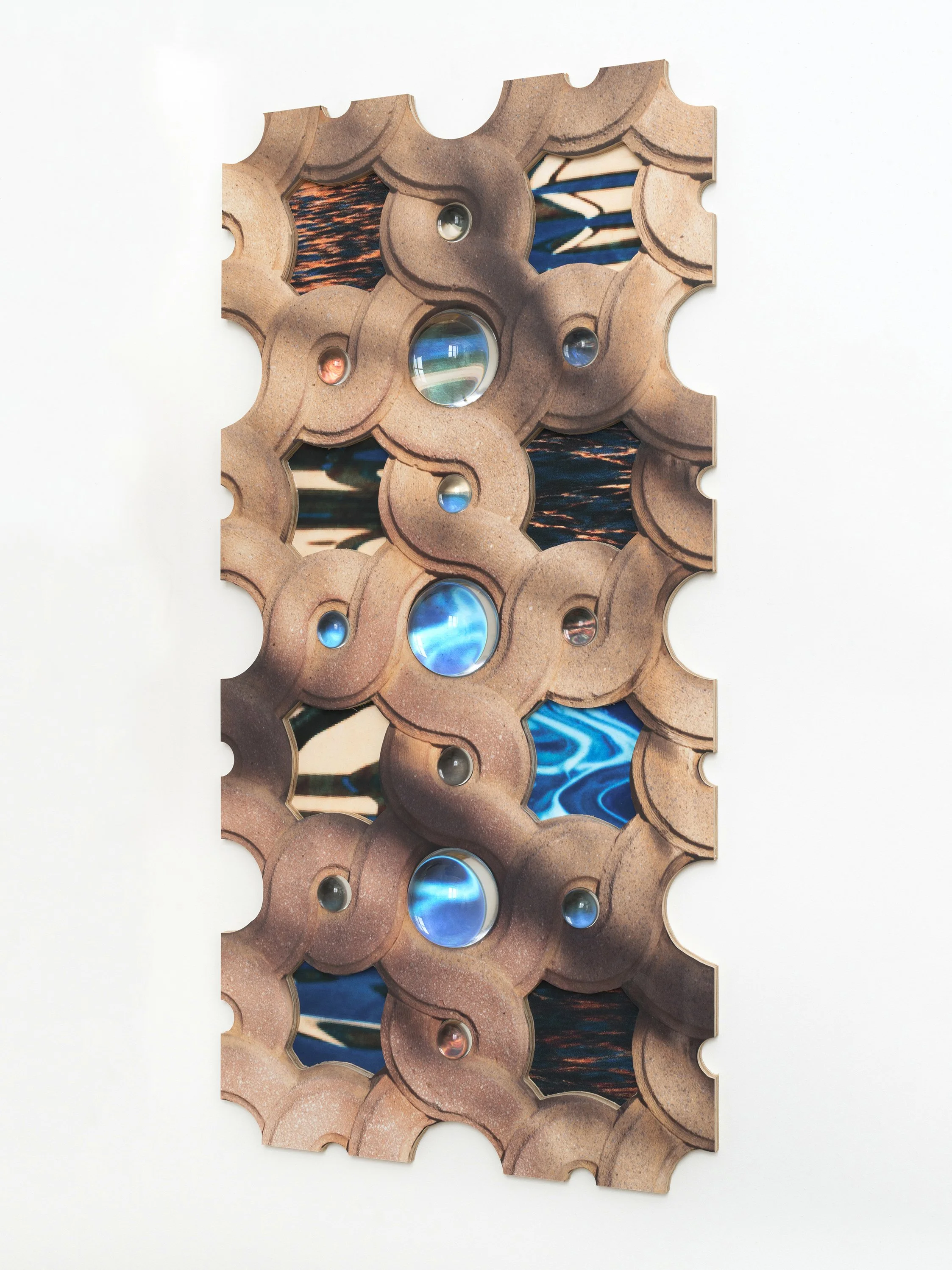  Dwelling Pools, 2025 UV curable ink on plywood, pigment prints, glass magnifying orbs 43 x 21.5 x 3 inches 