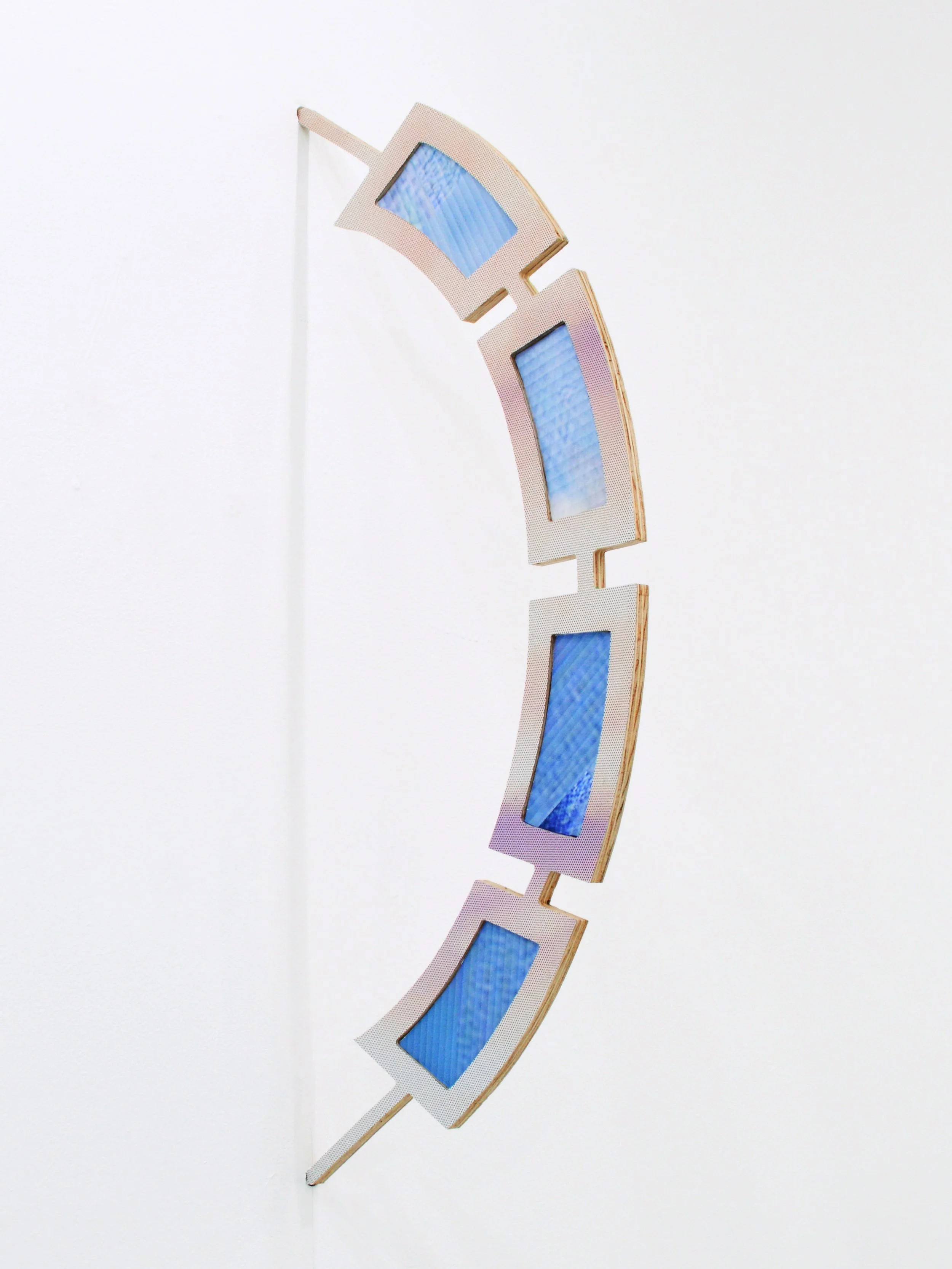  Crescent, 2024 UV curable ink on plywood, archival pigment prints 28 × 1 × 18  inches 