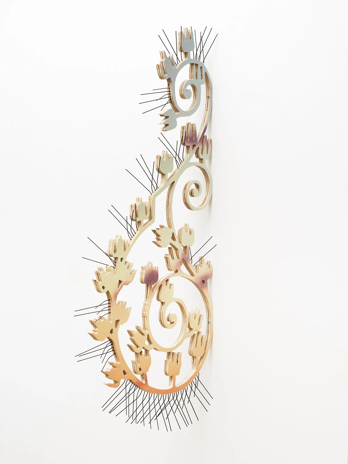  Forced Bloom, 2024 UV curable ink on plywood, vinyl, steel bird spikes 40 x 3 x 17 inches 