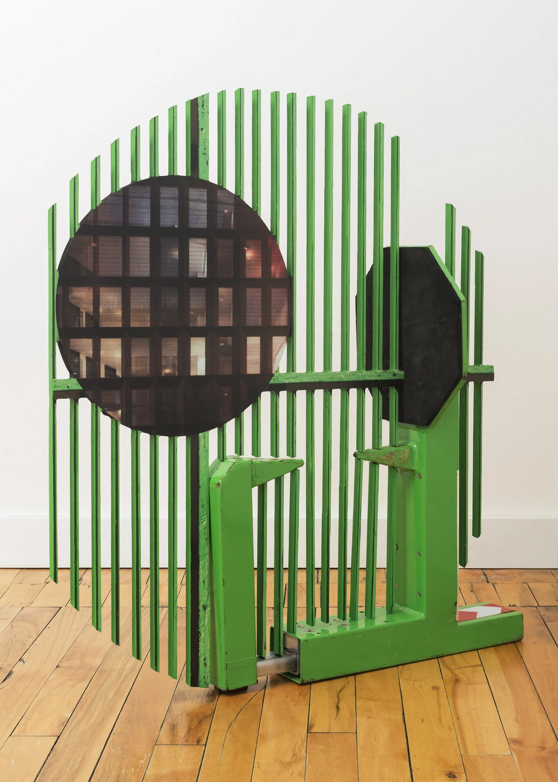  Vacant, 2025 UV curable ink on vinyl, plywood, acrylic paint, found car boot  36 x 5 x 34 inches 