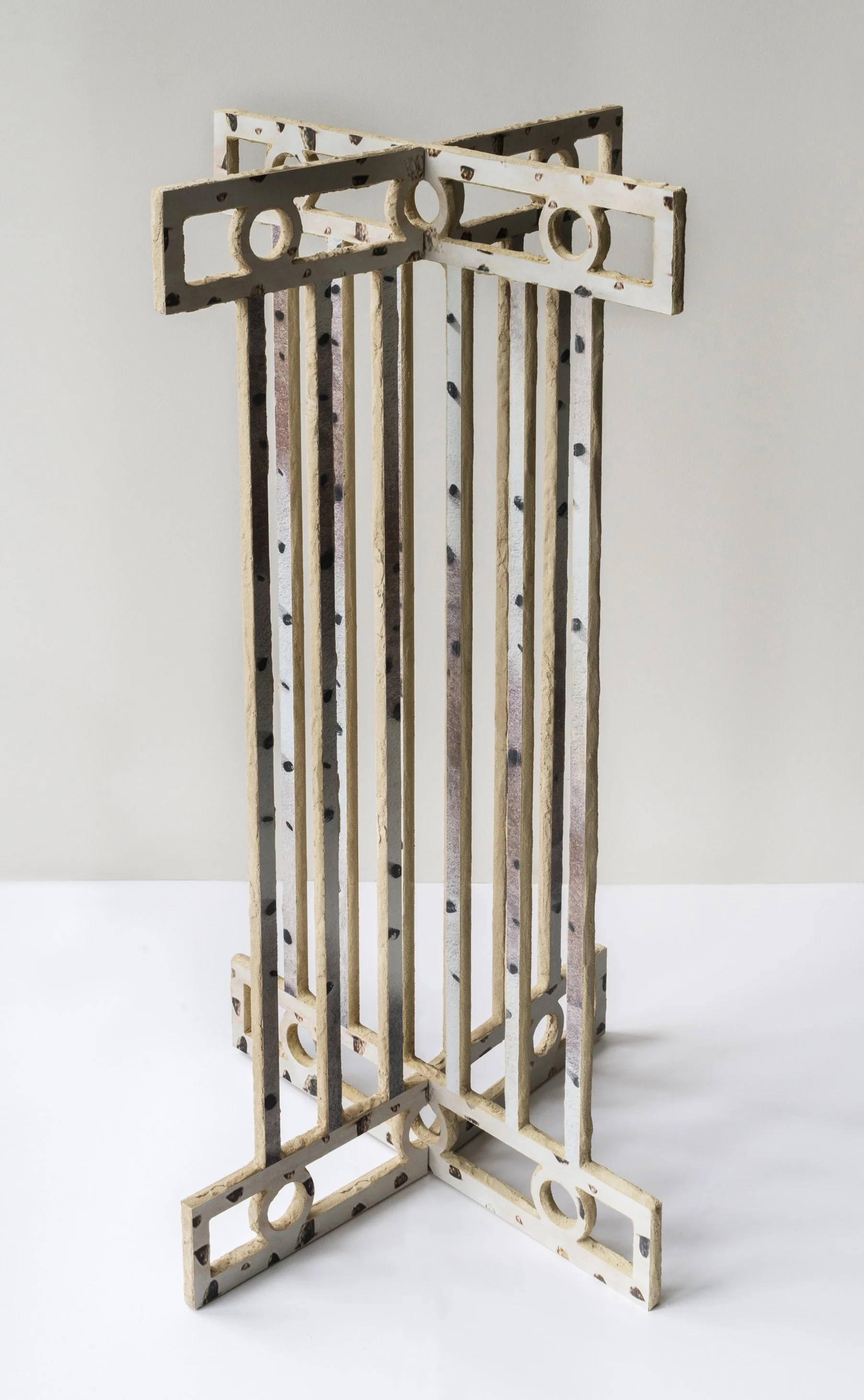  Climbing Column, 2026 UV curable ink on plywood, vinyl, sanded grout 35 × 19 × 19 inches 
