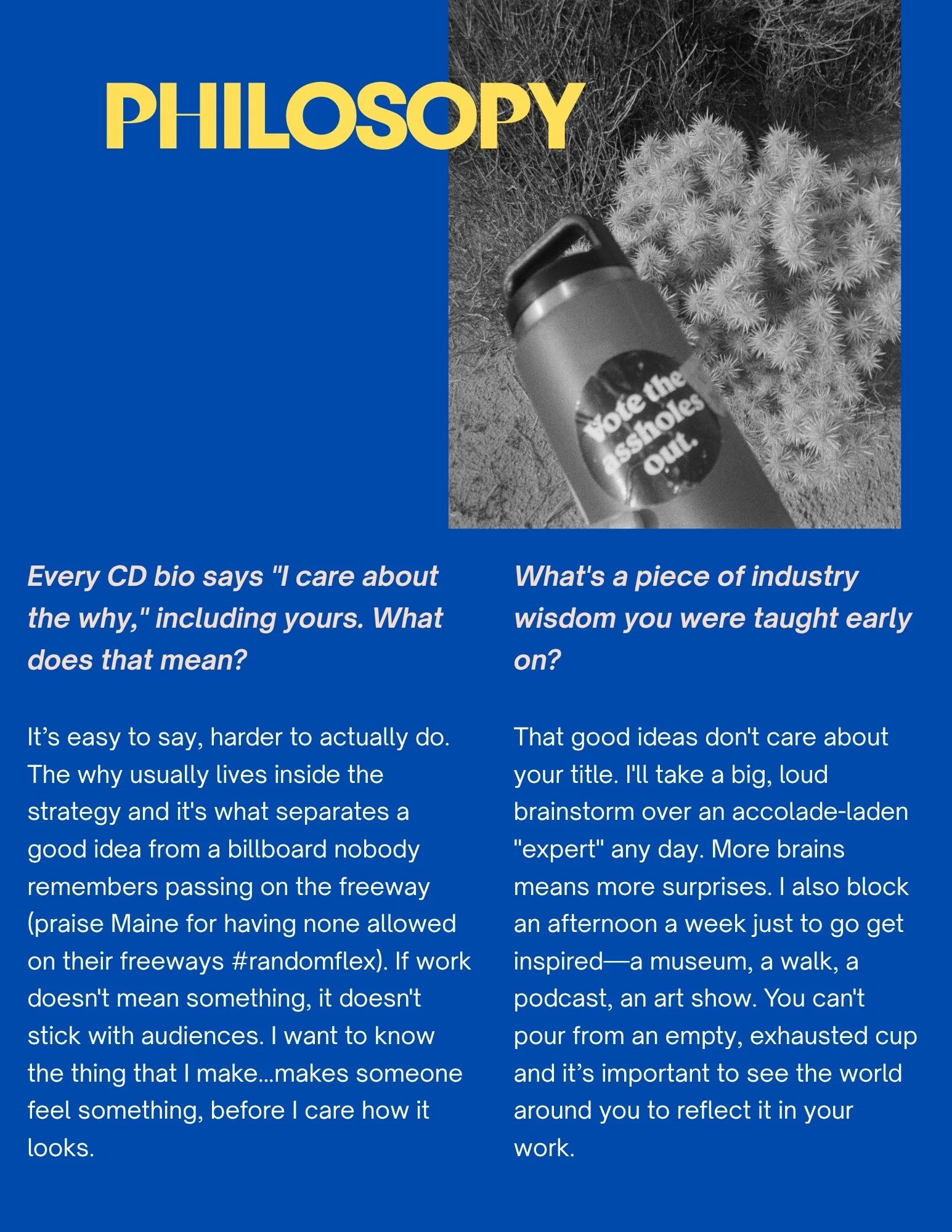 Book cover with a large blue background and a black and white photo of a cactus and a water bottle. The title 'PHILOSOPHY' is in bold yellow text. There is white and yellow text on the cover with quotes and discussion about the meaning of philosophy and thinking.