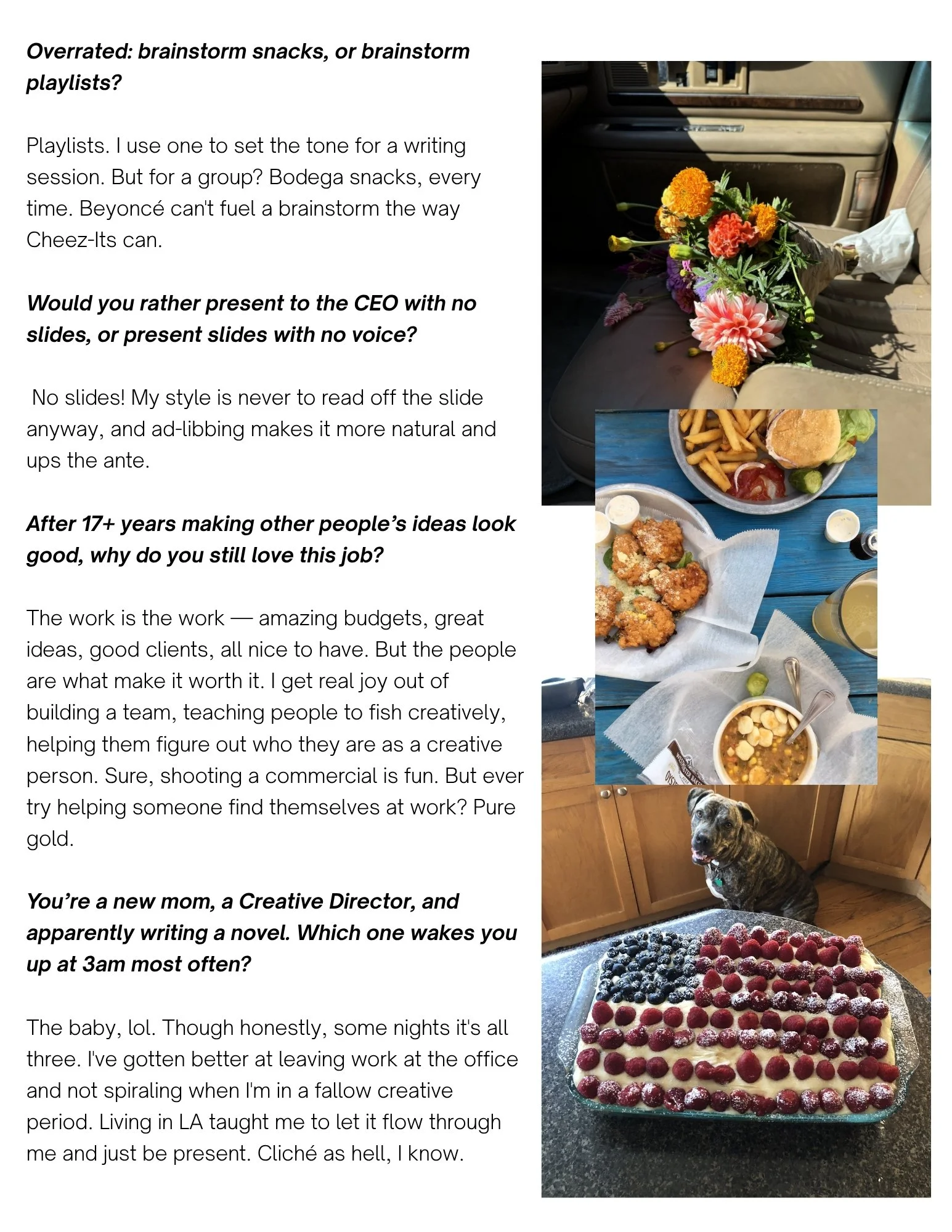 Multiple photos of food and a dog inside a house. The photos include a bowl of fried chicken with dipping sauce, a plate of fries, a burger with condiments, a bowl of soup with bread, and a cake topped with berries. The dog, a brindle-coated breed, sits in a kitchen near wooden cabinets.