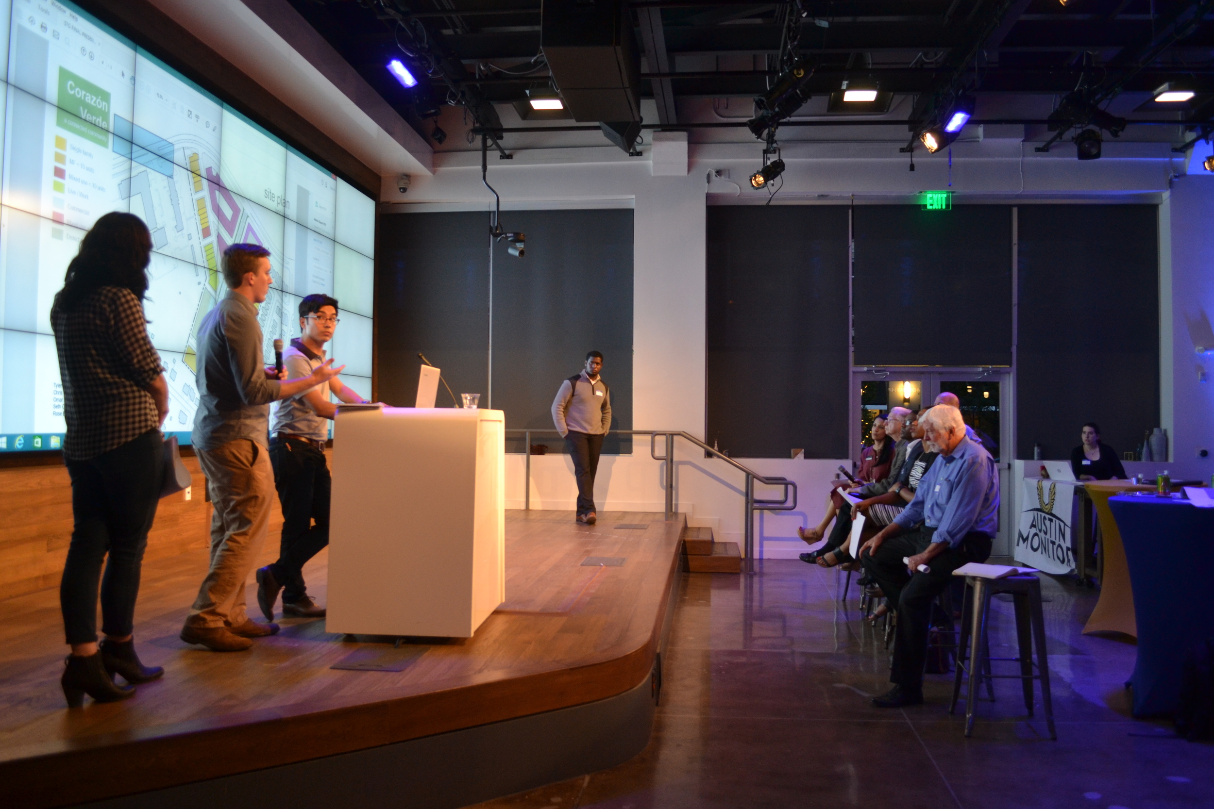 Rose Ballard, Tyler Stowell, Chris Gonzalez, and Omar Salim present "Corazon Verde" to the panel of judges.