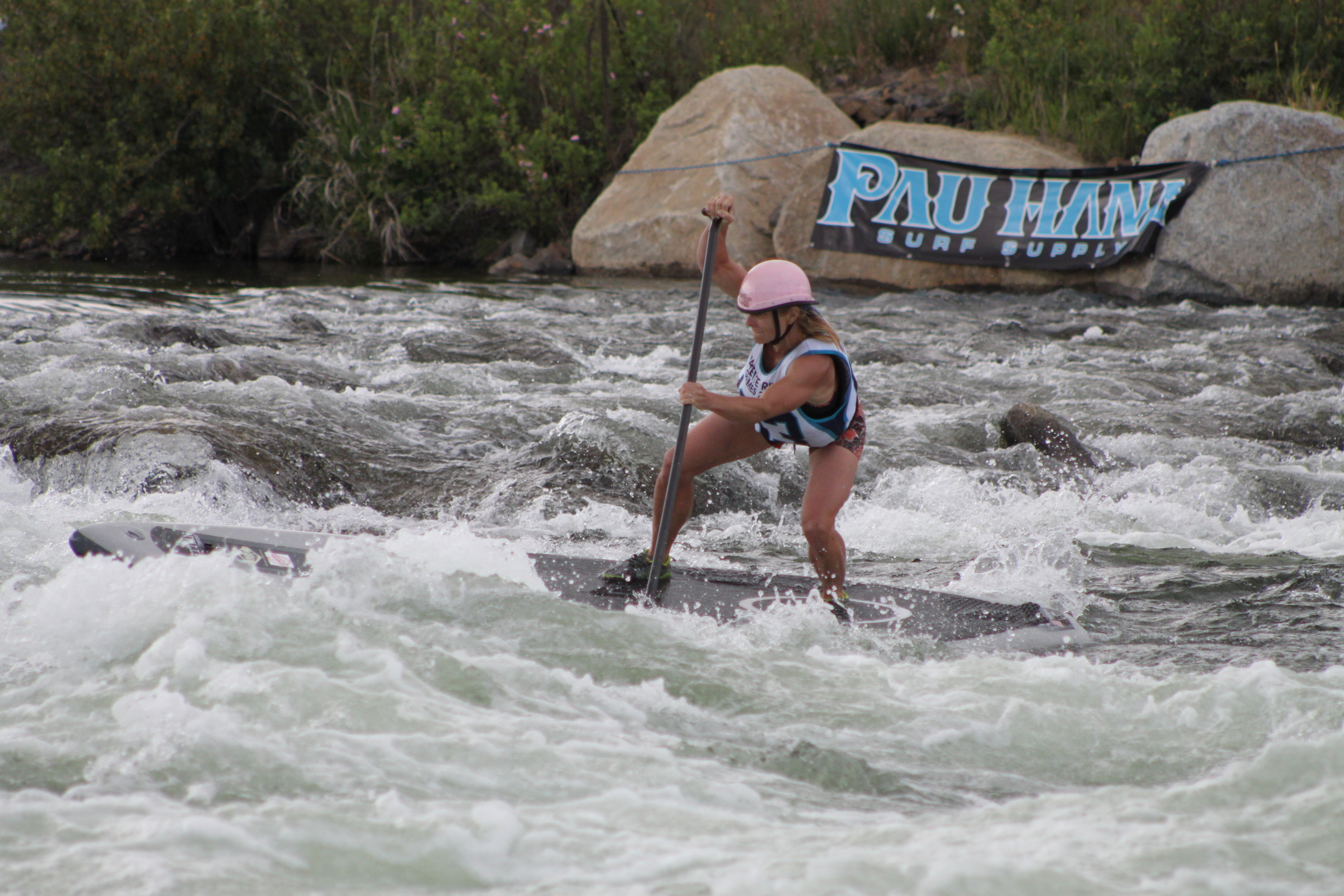 Rebecca Giddens making the crux ferry on her way to becoming the 2015 Women's Payette River Games Champion