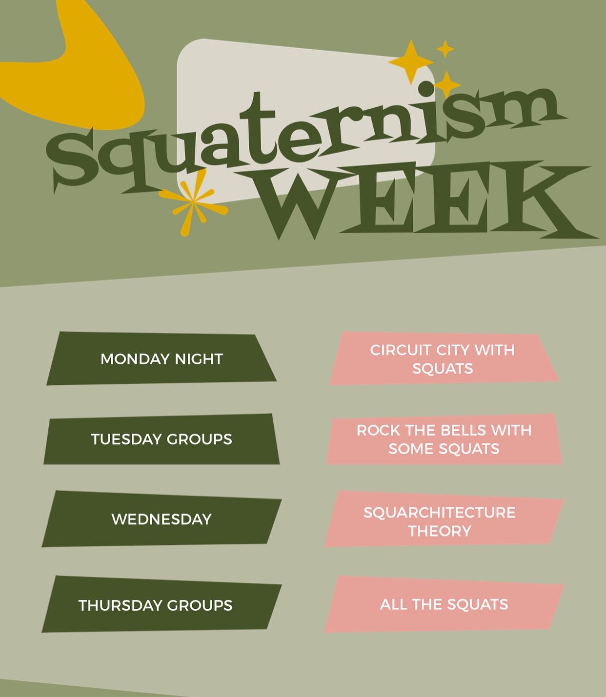 SQUATernism WEEK in full effect at the Triple 1. 

Our normal group training classes are being overtaken by a plethora of squat variations including those made popular by renowned SQUARCHITECTS: Frank LEG Wright, FLEXler, and many more. 

BECAUSE you