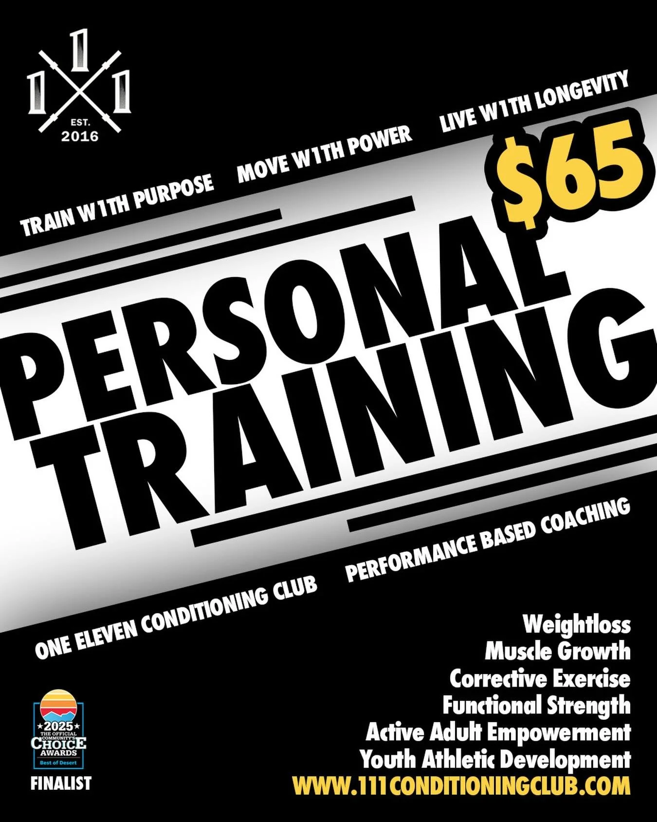 $65 Personal Training that actually delivers results.
Train with purpose. Move with power. Live with longevity.

Whether your goal is fat loss, muscle growth, pain-free movement, or athletic performance &mdash; we build programs around you, not templ