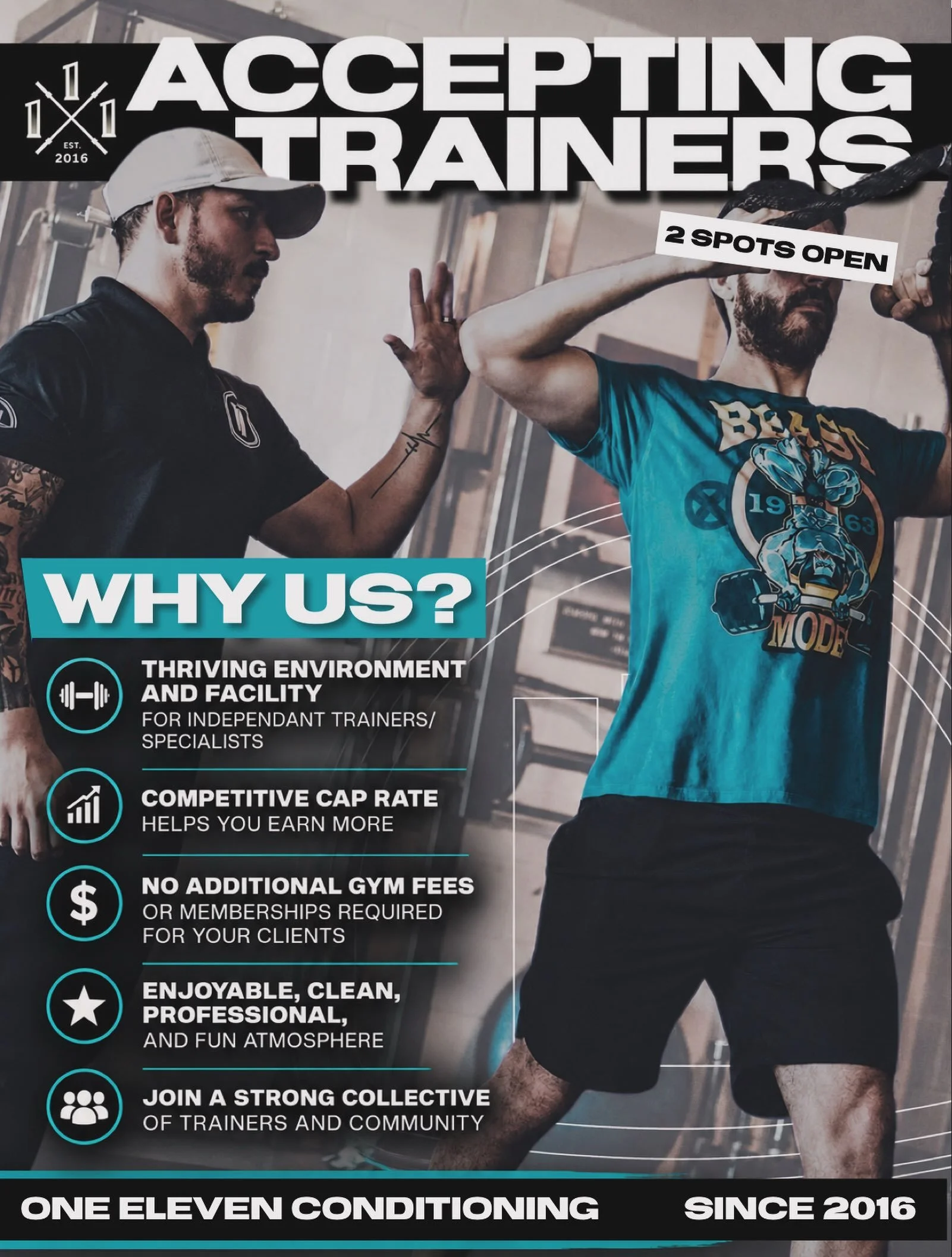 🚨 LIMITED TRAINER POSITIONS NOW AVAILABLE 🚨

Not every coach belongs in a big-box gym.

At 111 Conditioning Club, we&rsquo;re intentionally building a team of passionate, professional, and community-minded independent trainers and wellness speciali