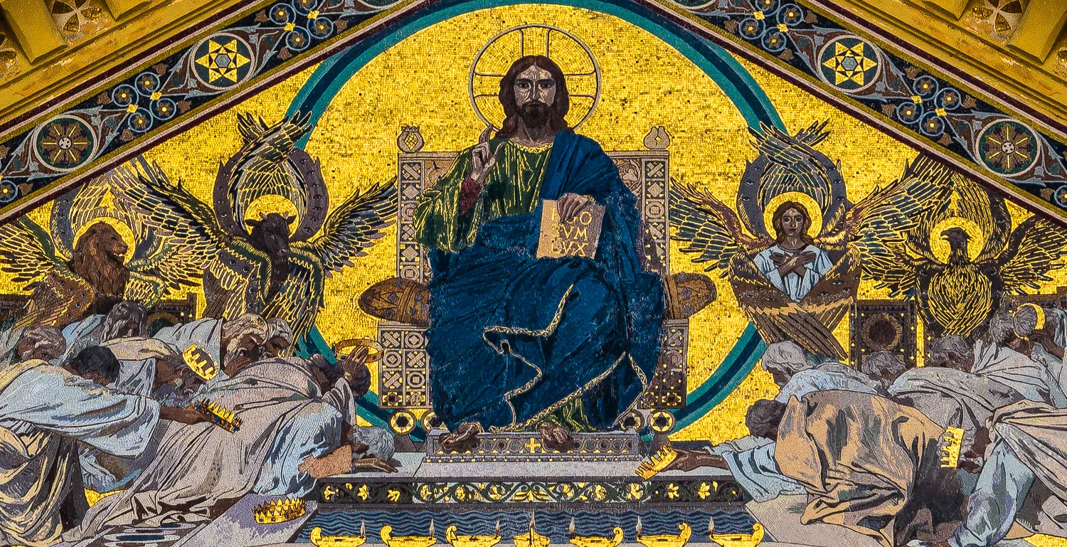 Detail of mosaics, bowing kings, and Apostles