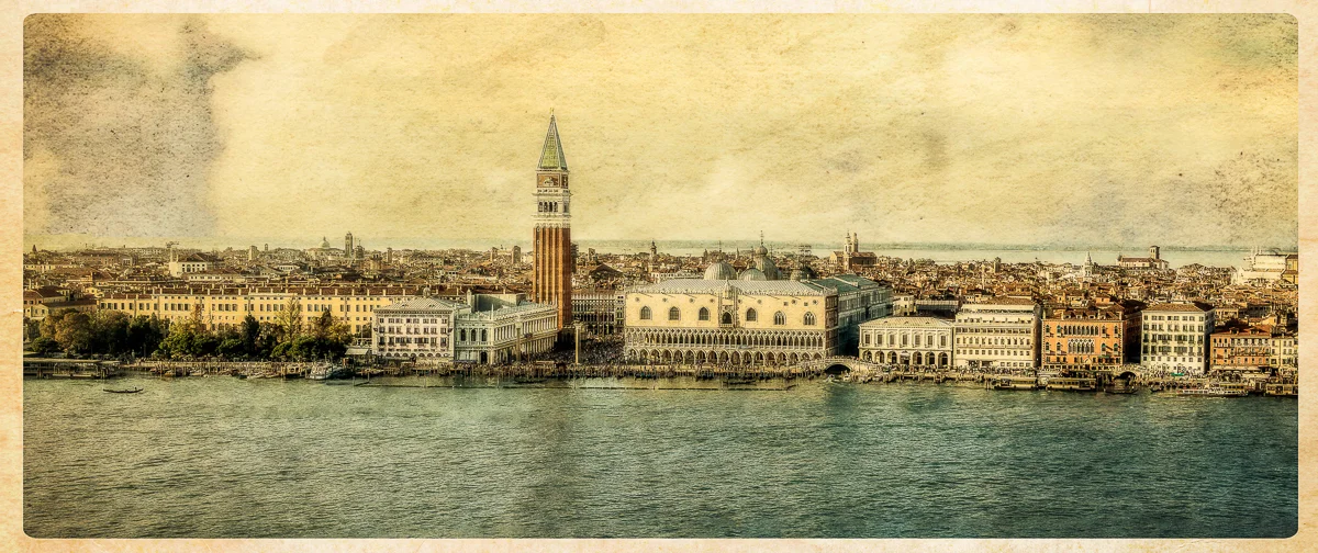 A panorama of a good bit of San Marco, taken from the campanile of the church of San Giorgio Maggiore