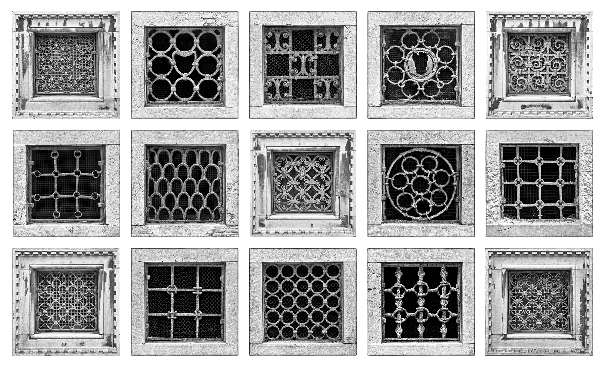 A collage of iron-barred windows in Venice