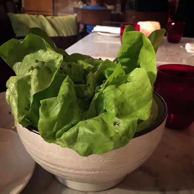 A great salad at Galvin In Windows in the London Hilton. Each leaf is soaked for eight hours in a lite dressing and then they are arranged back into a 'head' of lettuce #galvinonthewindows #lettuce #salad #london