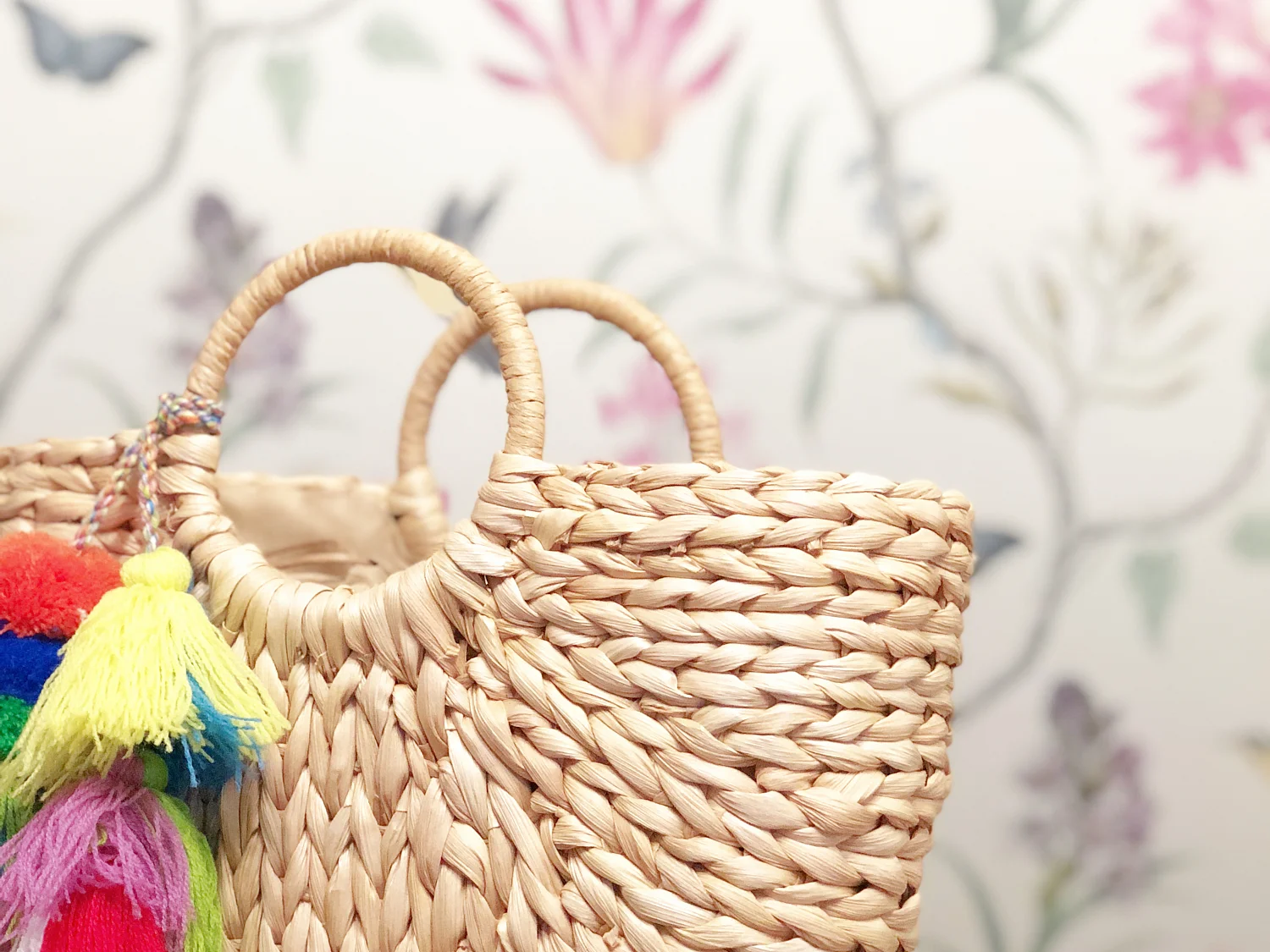 Woven Basket Handbag with optional PomPoms