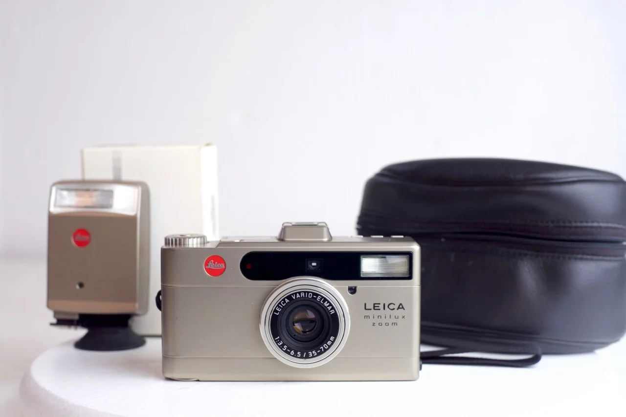 Leica Minilux Point and Shoot 35mm Film Camera with Leica Case, Strap, and Boxed Flash Attachment
