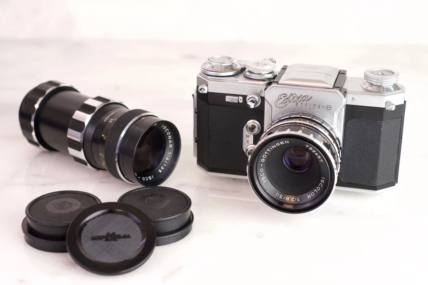 Wirgin Edixa Reflex B 35mm Film SLR Camera with Isco Gottingen 50mm F/2.8 and 135mm F/4 Lenses, Lens Caps, Fully Functional