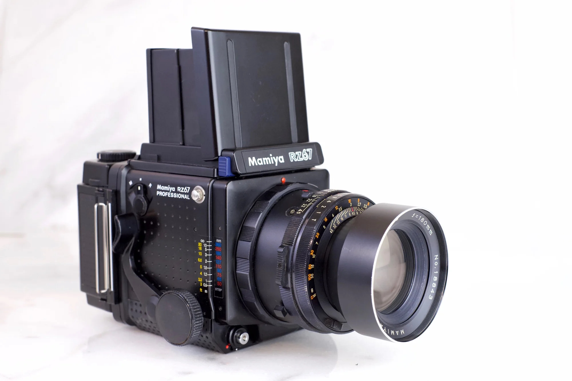 Mamiya RZ67 Professional with Mamiya Sekor 180mm F/4.5 Lens, RZ67 Professional II Film Back, and Waist Level Finder with Magnifier