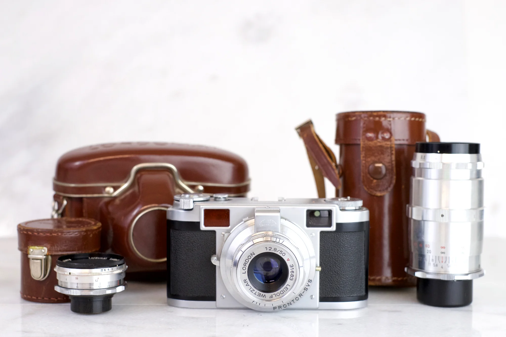 Leidolf Lordomat 35mm Film Rangefinder Camera Set with Three Lenses, Manual and Cases - Fully Functional, Made in Wetzlar Germany