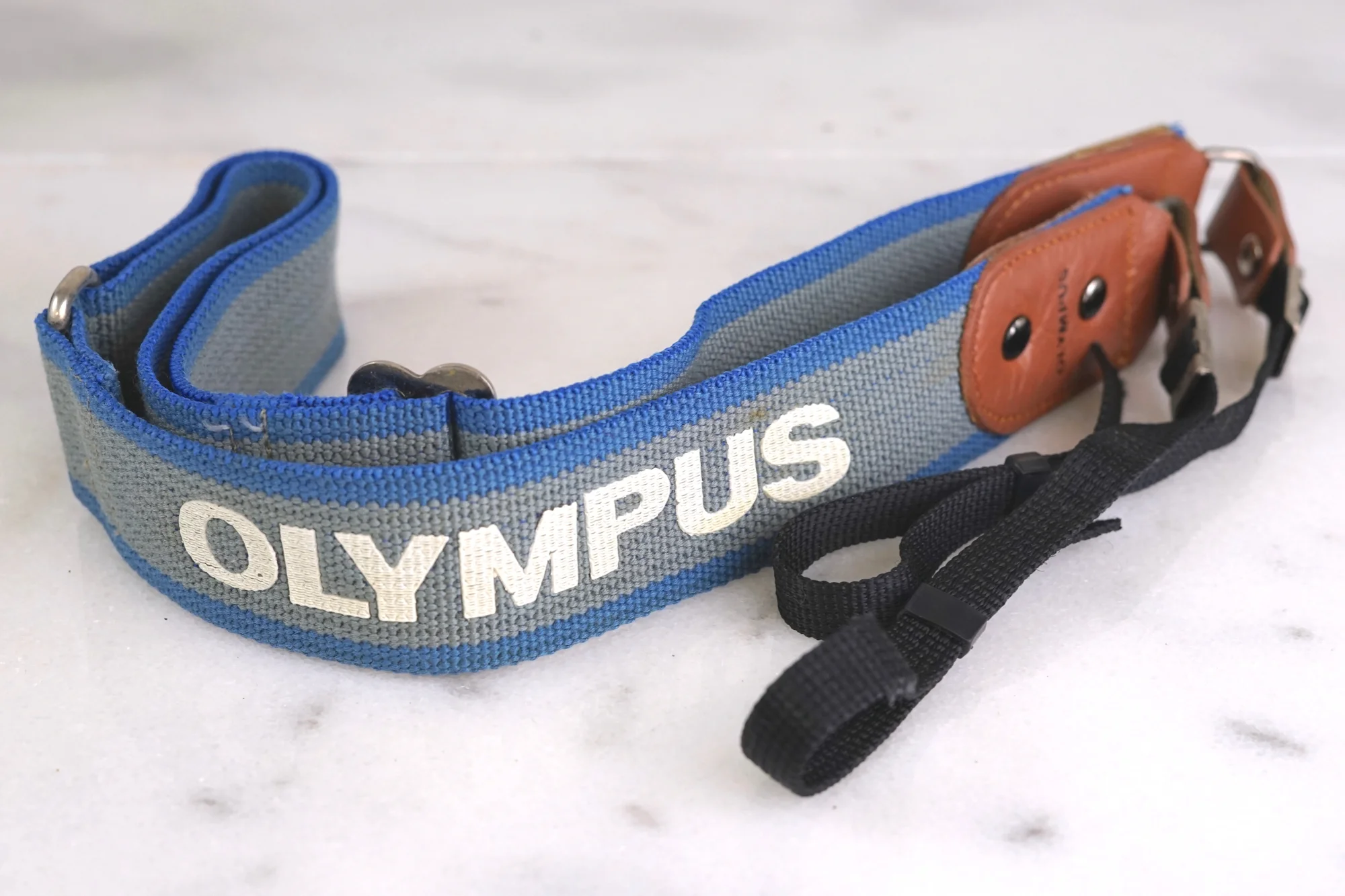 Olympus Camera Strap in Blue, Grey and Brown, Adjusters for Length - Excellent Vintage Condition