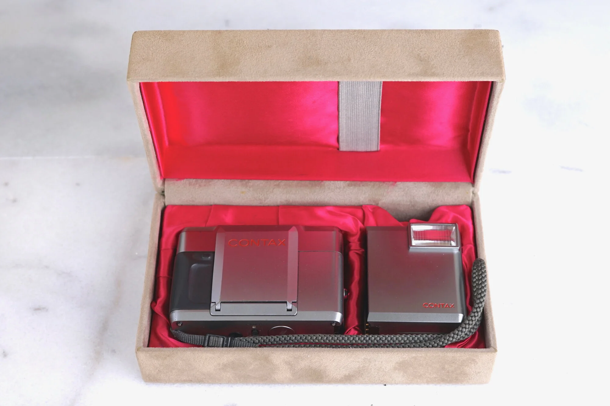 Contax T Rangefinder 35mm Film Camera with Original Contax Flash, Strap, Box and New Batteries