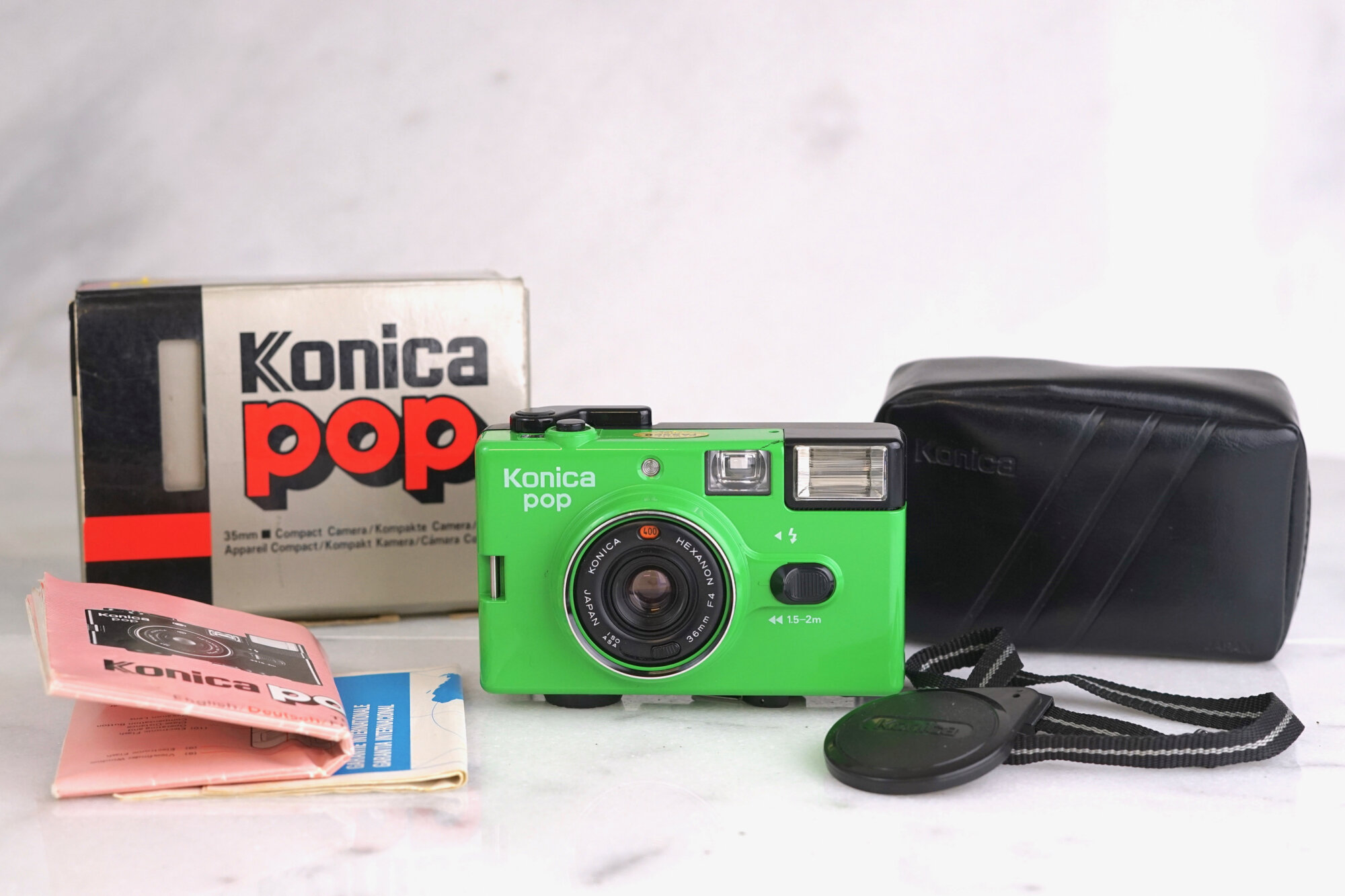 Konica Pop 35mm Point and Shoot Film Camera with Case, Original Box and Paperwork