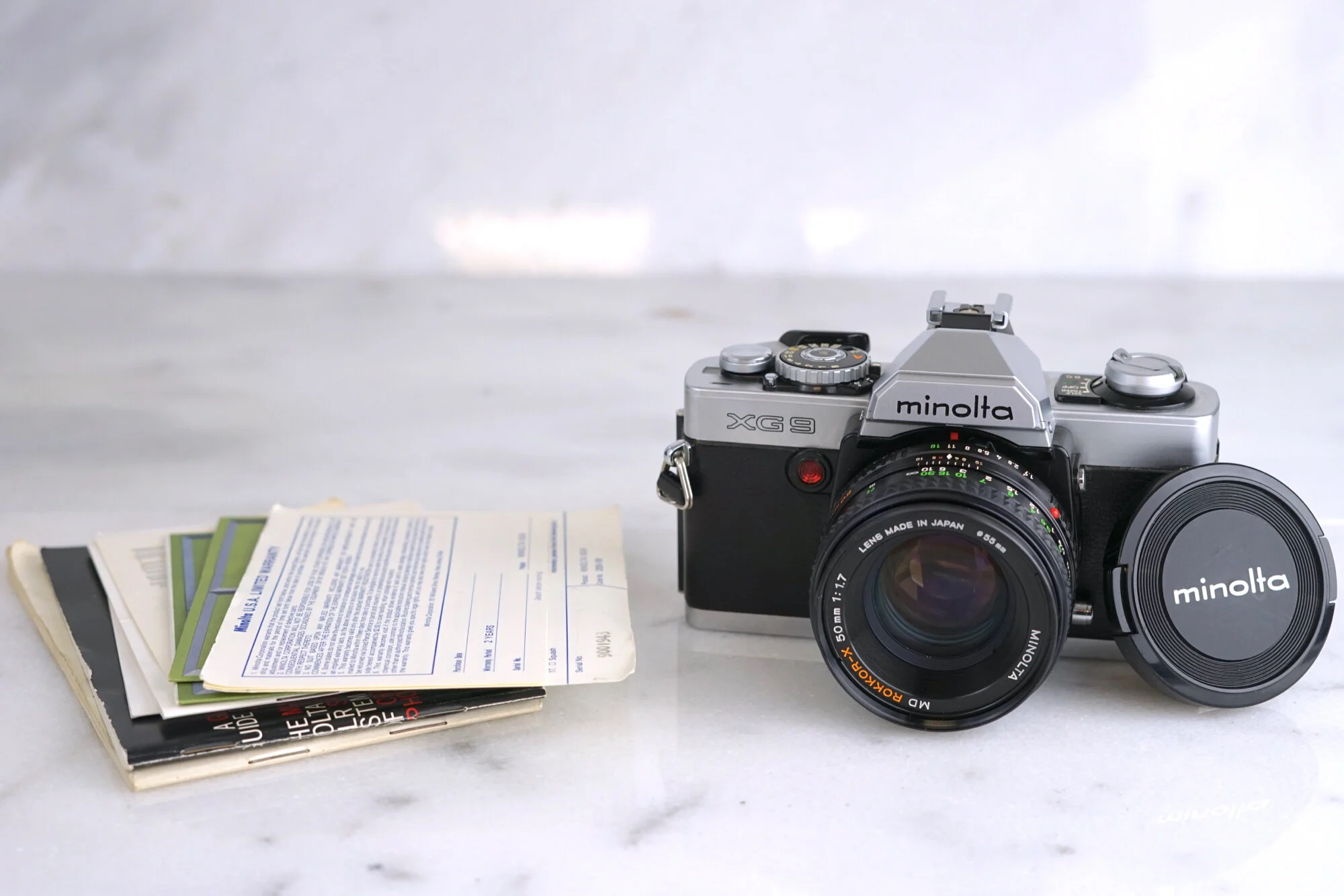 Minolta XG-9 35mm SLR Film Camera with Minolta MD Rokkor-X 50mm F/1.7 Prime Lens, Manuals and Batteries