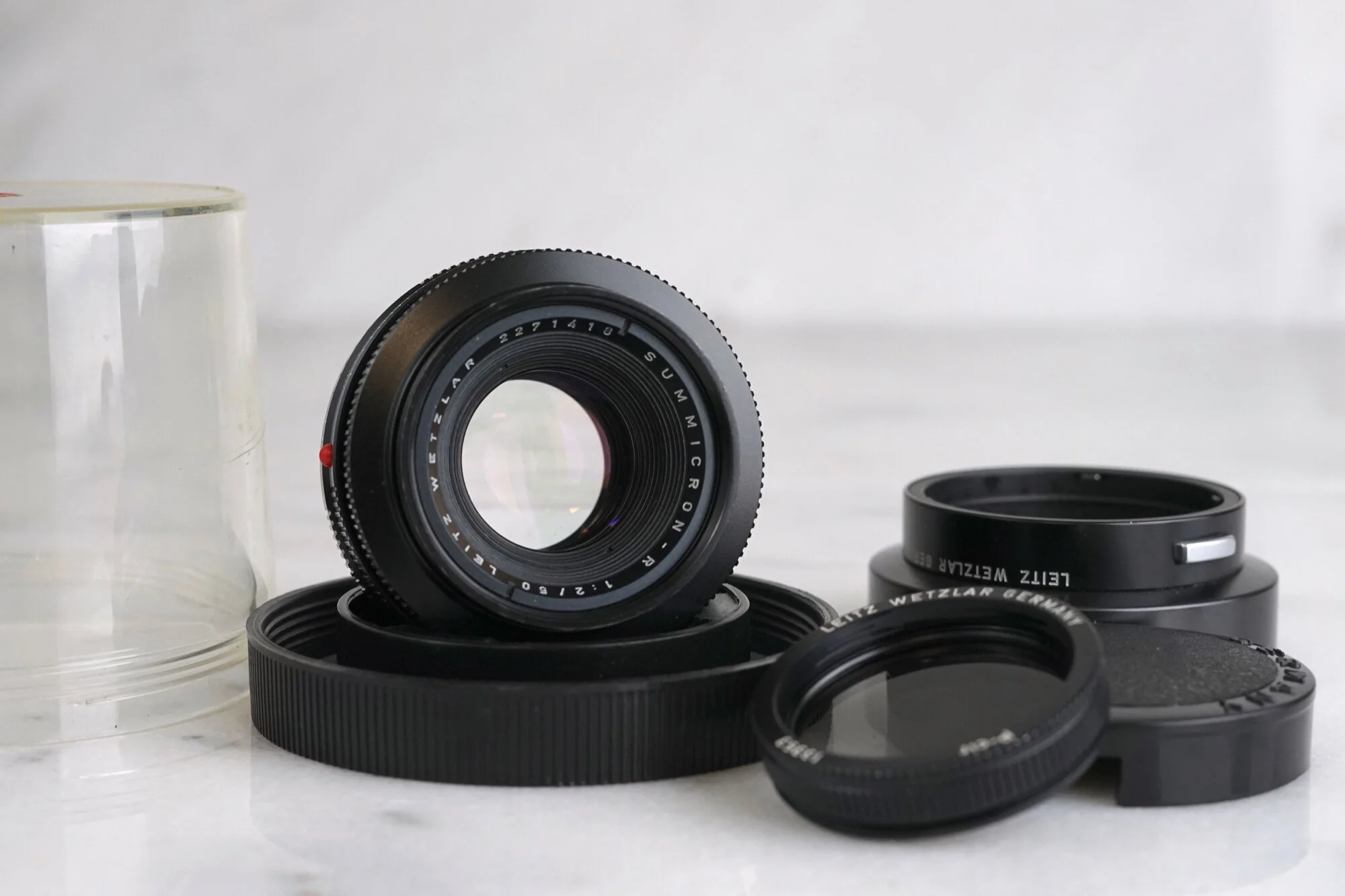Leica Leitz Wetzlar Summicron R 50mm F/2 Three Cam Fast Prime Lens with Original Lens Hood, Lens Caps, Polarizing Filter, and Case