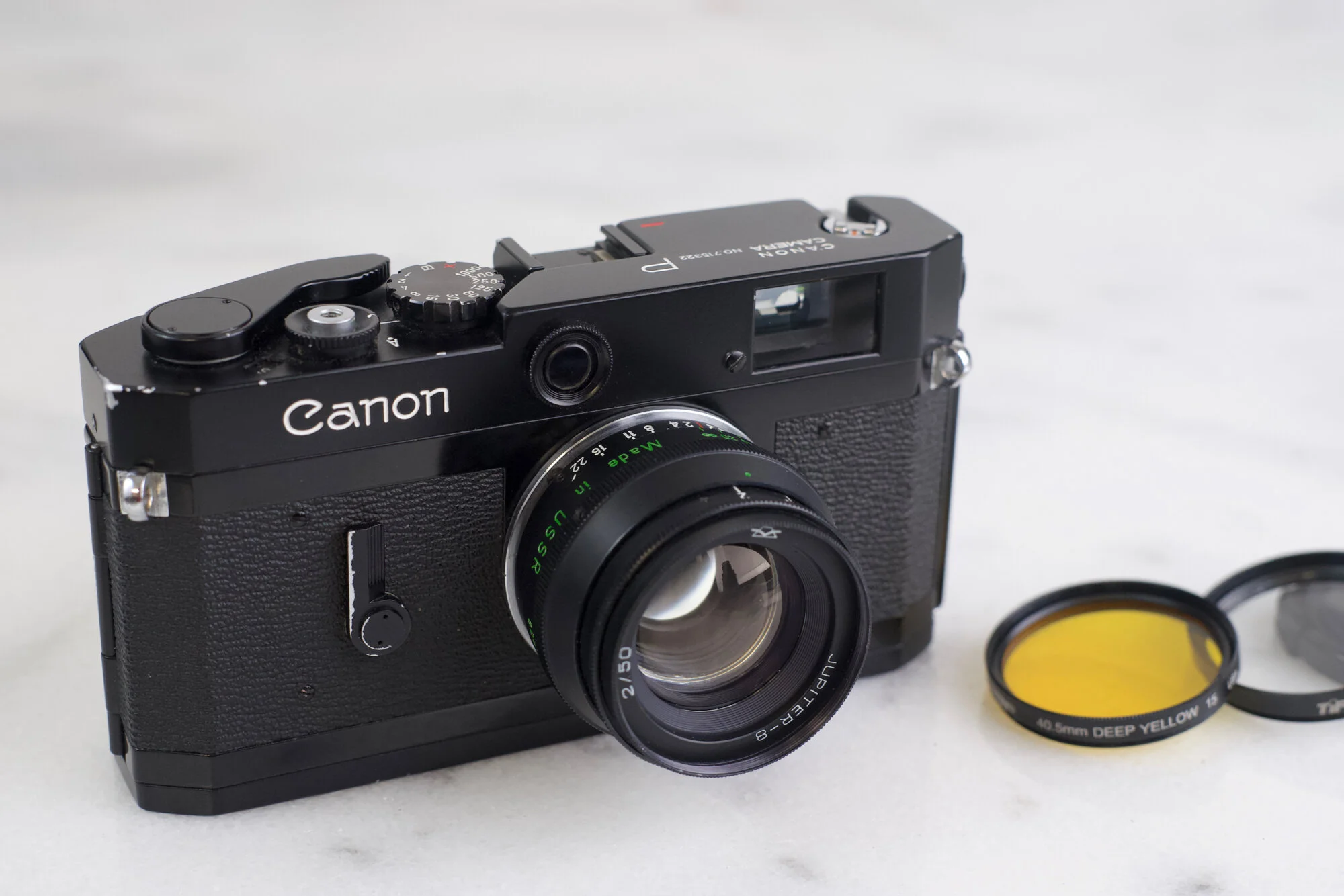 Canon P Black Paint 35mm Film Rangefinder Camera with Jupiter 50mm F/2 Fast Prime Lens, Lens Cap, UV Filter, Yellow Filter