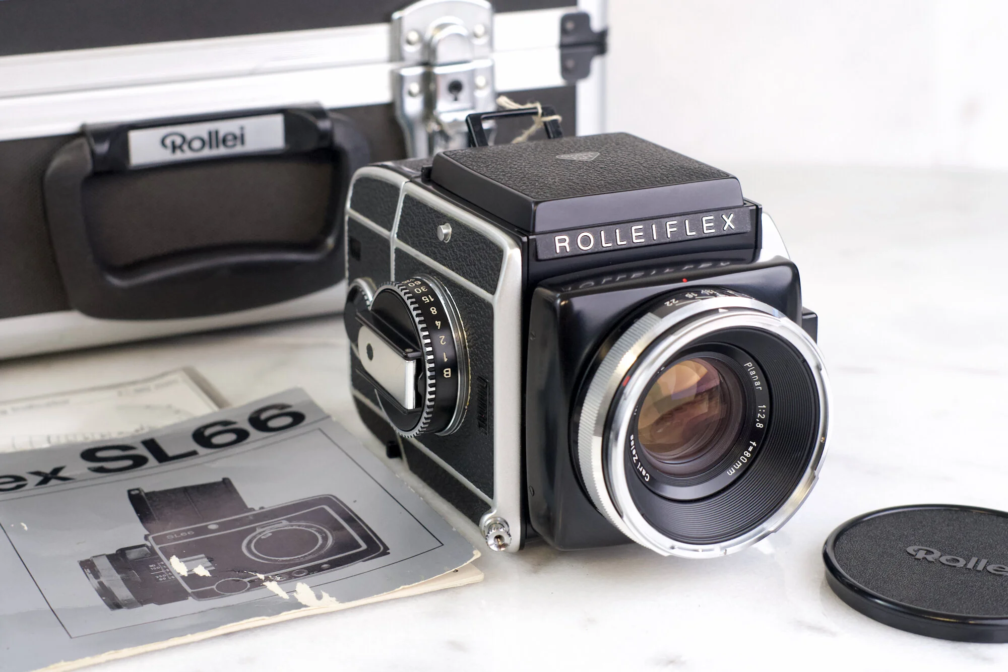 Rolleiflex SL66 with Carl Zeiss 80mm F/2.8 Planar Lens - Medium Format Film Camera in Carrying Case with Manual, Dark Slide, Lens Cap - Pristine Condition