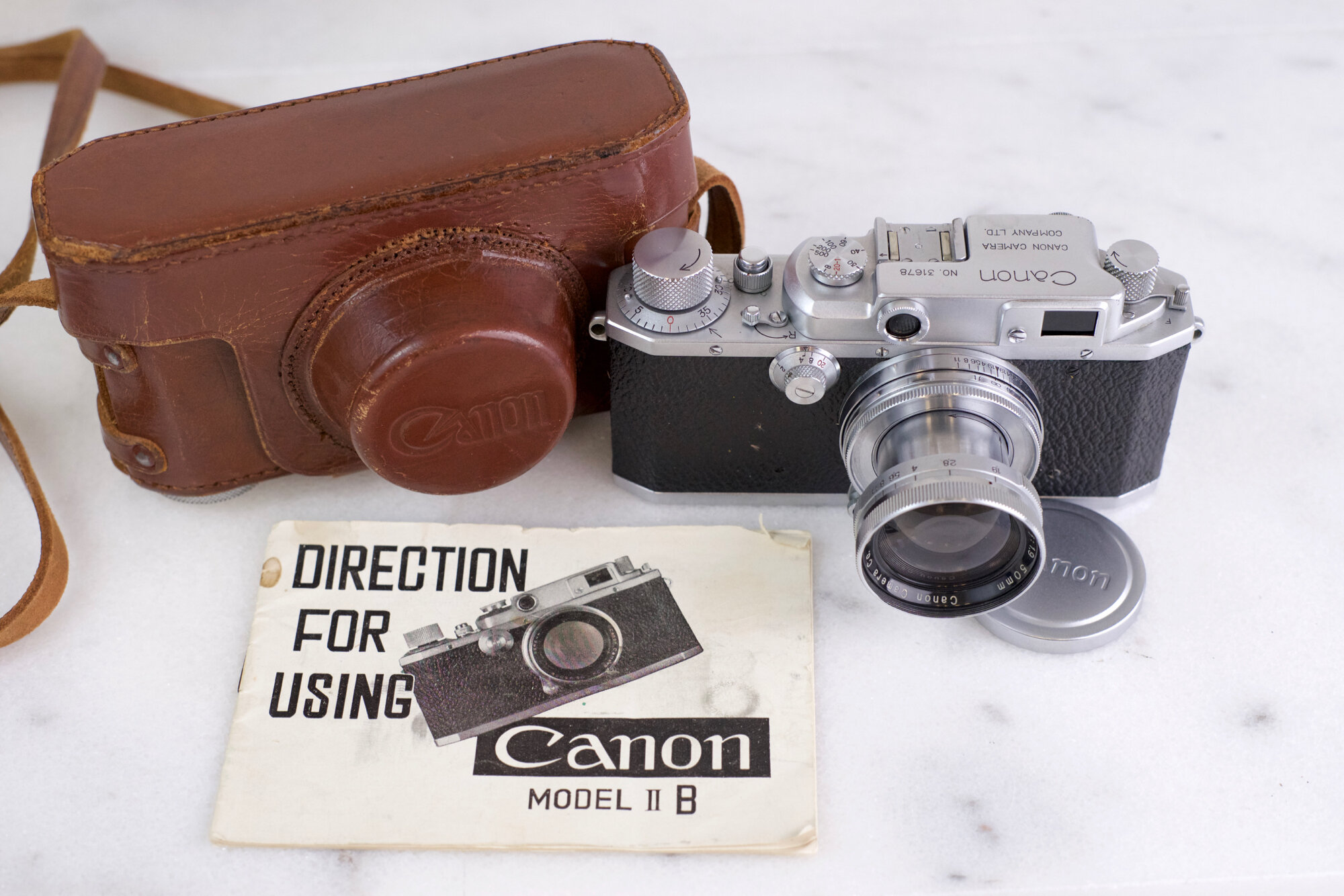 Canon IIB 35mm Film Rangefinder Camera with Serenar 50mm F/1.9 Collapsible LTM Lens, Case, Manual - Made in Occupied Japan