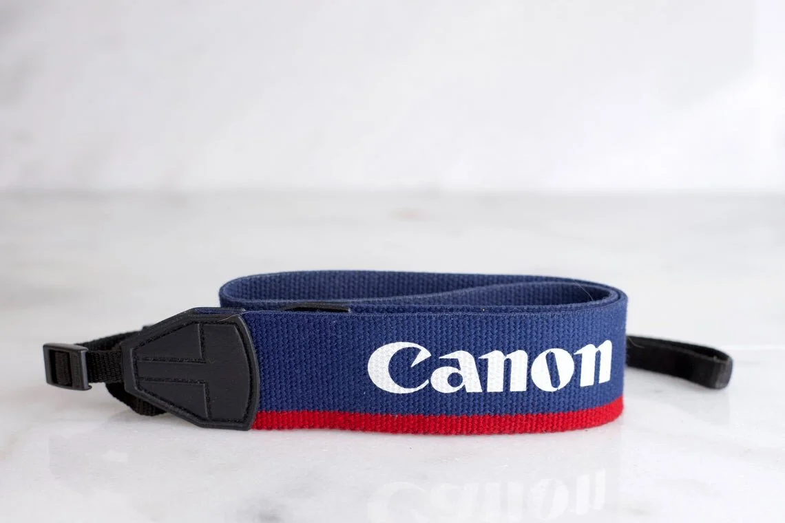 Canon EOS Camera Strap with Viewfinder Cover - Red and Blue, Plastic Clasps, Adjustable