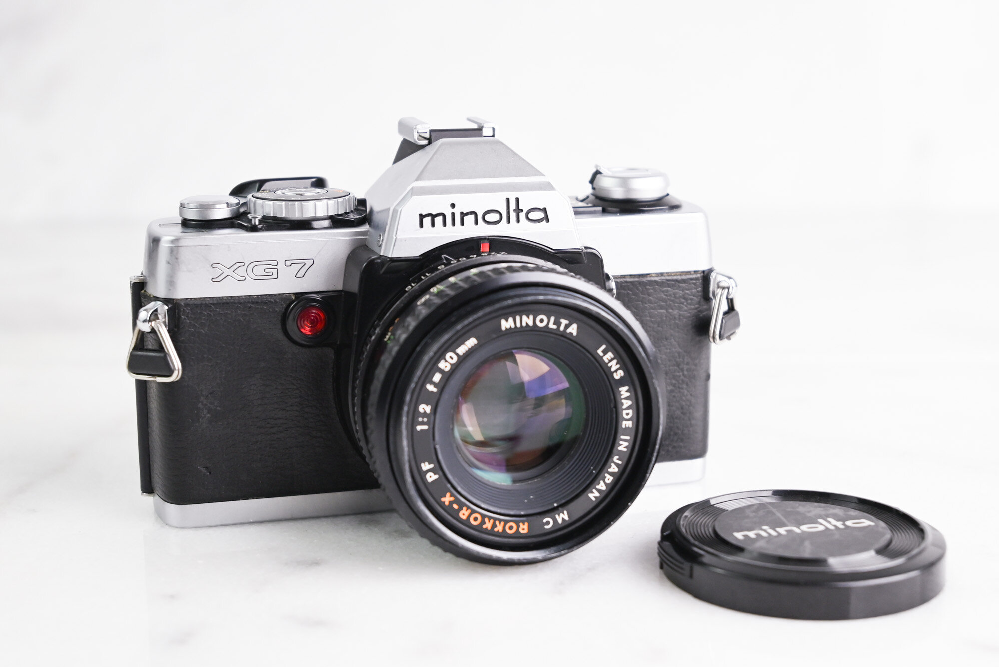 Minolta XG-7 35mm SLR Film Camera with Minolta MD Rokkor X 50mm F/1.7 Fast Prime Lens and Batteries