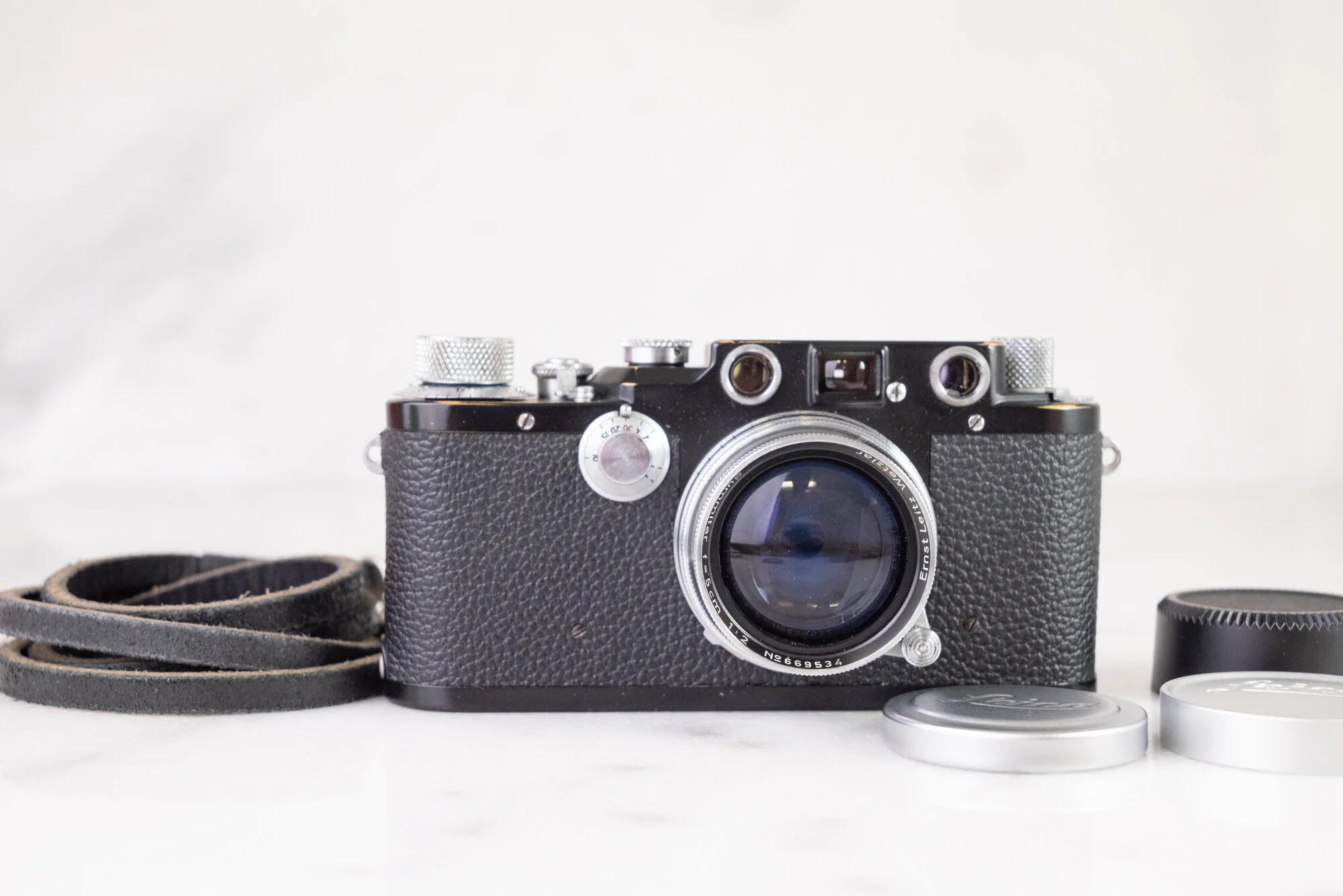 Leica IIIc (Fresh CLA and Professional Black Repaint) 35mm Film Camera with Leica Summitar 50mm F/2 Lens, Lens Caps, Gordy Strap Fully Functional and Excellent