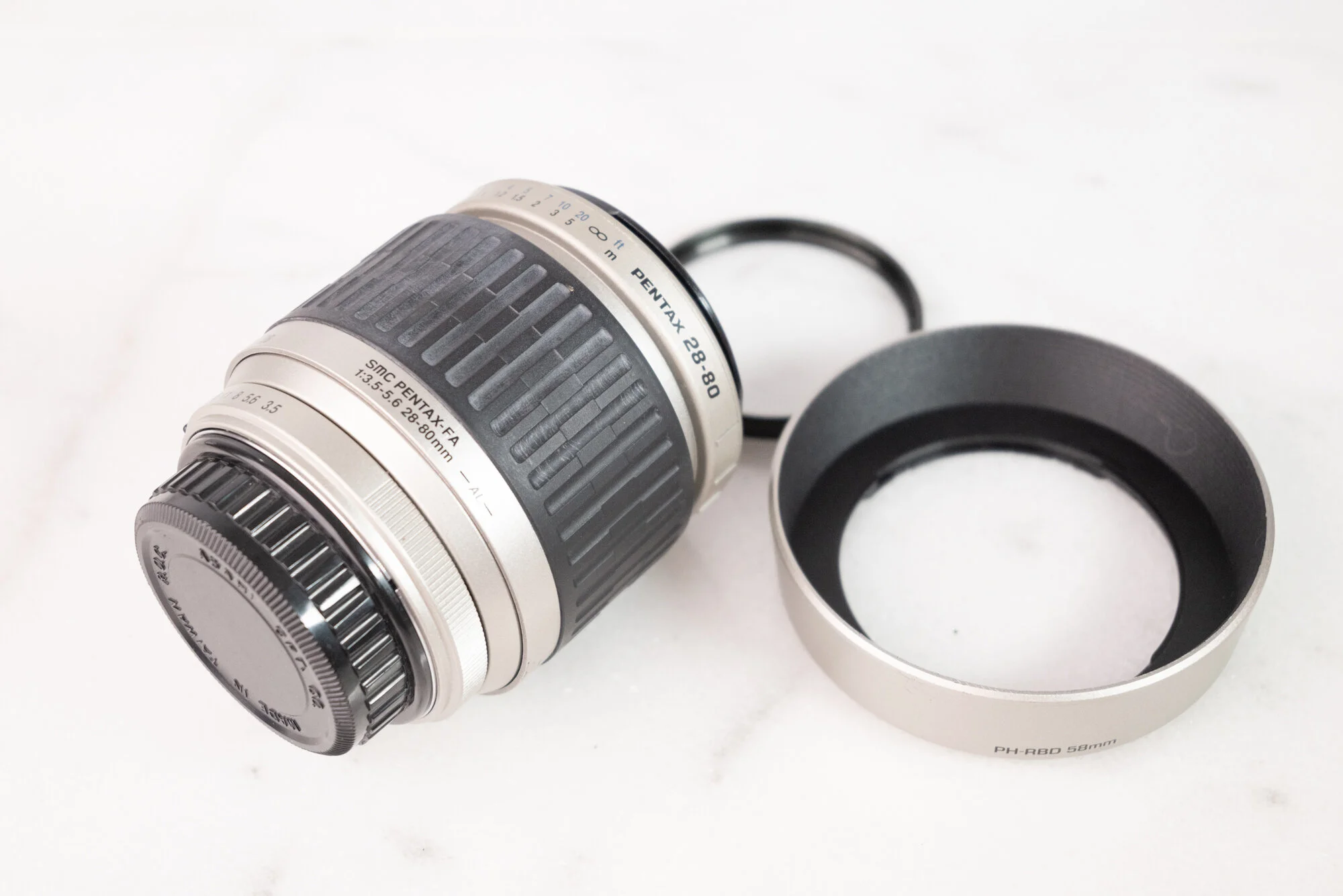 Pentax-FA SMC KA-Mount 28-80mm f/3.5-5.6 Zoom Lens with Rear Cap and Hood