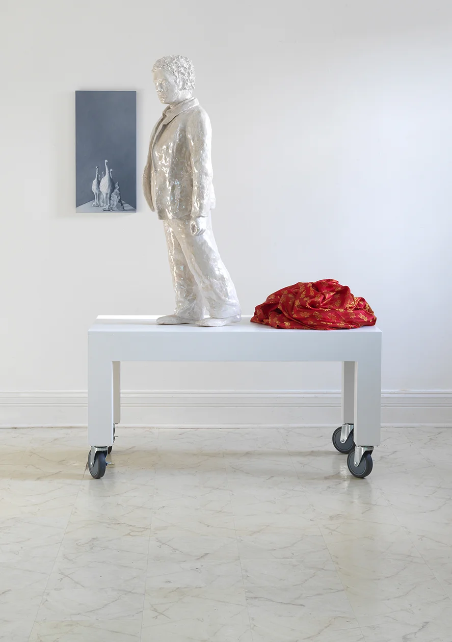 100 Fires , Ceramics, plinth, cloth, 72 H x 48 W x 24"D Meanwhile a Bird , Oil on Panel, 24 x 12"