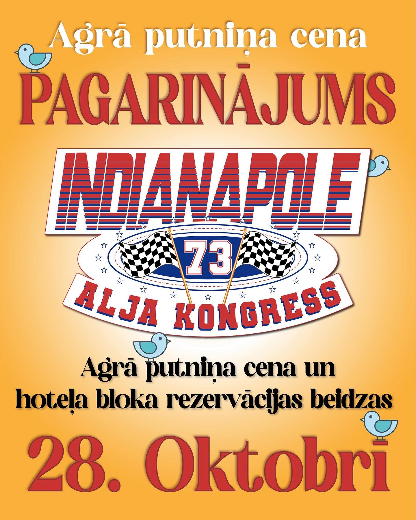 ‼️VĒL 10 DIENAS AGRĀ REĢISTRĀCIJAS CENAS UN VIESNĪCU REZERVĀCIJAS. 
🐣ALJA Kongress agrās reģistrācijas cenas ir PAGARINĀTAS līdz 28. oktobrim, un viesnīcu rezervācijas beidzas tajā pašā dienā!
🎟️Reģistrējieties un rezervējiet! Tiksimies Indy