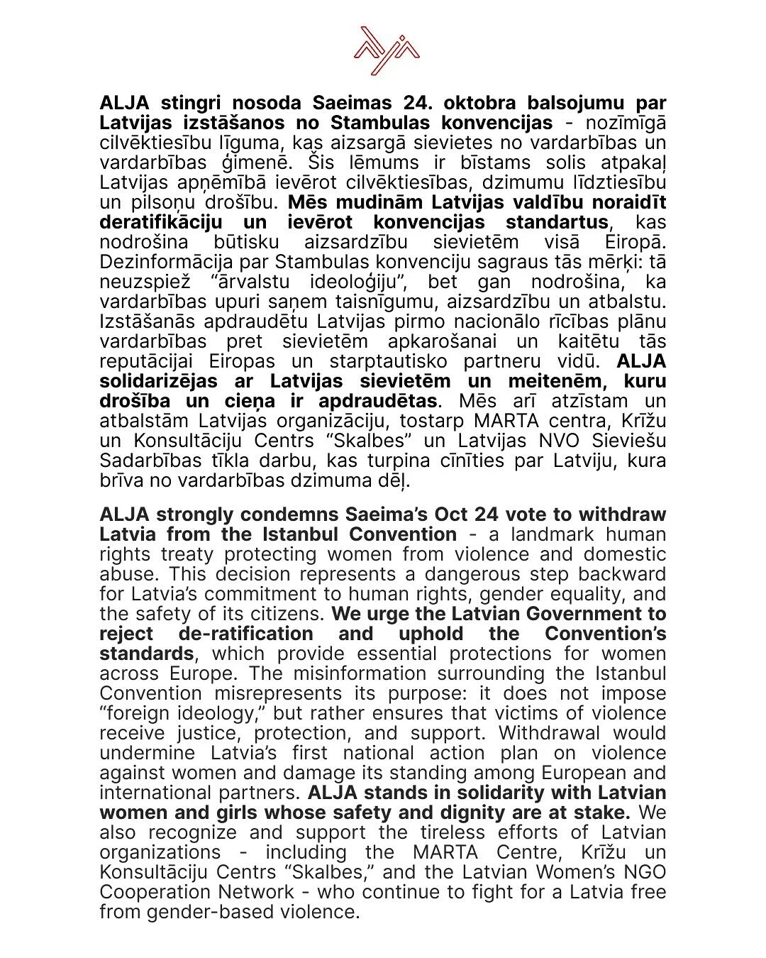 ALJA stingri nosoda Saeimas 24. oktobra balsojumu par Latvijas izstāšanos no Stambulas konvencijas. Lasiet mūsu paziņojumu.
//
ALJA strongly condemns Saeima’s Oct 24 vote to withdraw Latvia from the Istanbul Convention. Read our statem