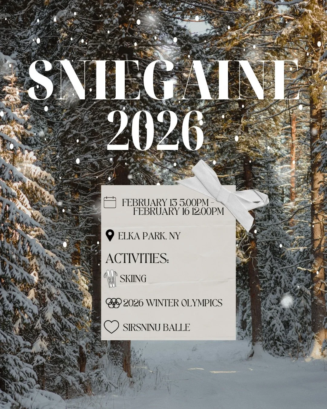Sniegaine ir atpakaļ!!! ❄️🛷⛷️

Papildus informāciju var iegūt &scaron;inī saitē via caur linktree (bio): https://partiful.com/e/Td5XHT3LamJsYFgsMwCj

Sniegaine is back!!! ❄️🛷⛷️

For more information, click this link to the partiful or in our linktr