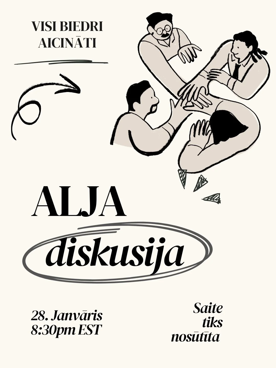 📣 Tre&scaron;diena, 28. Janvārī plkst. 8:30pm EST, ALJA rīkos diskusiju 📣

⚖️ Mēs runāsim par ALJA&rsquo;s lomu politiskajos paziņojumos, kur visi biedri ir aicināti piedalīties. 
🔗 Saite būs sūtīta caur ALJA discord un arī kā ēpastu
➡️ Pievienoji