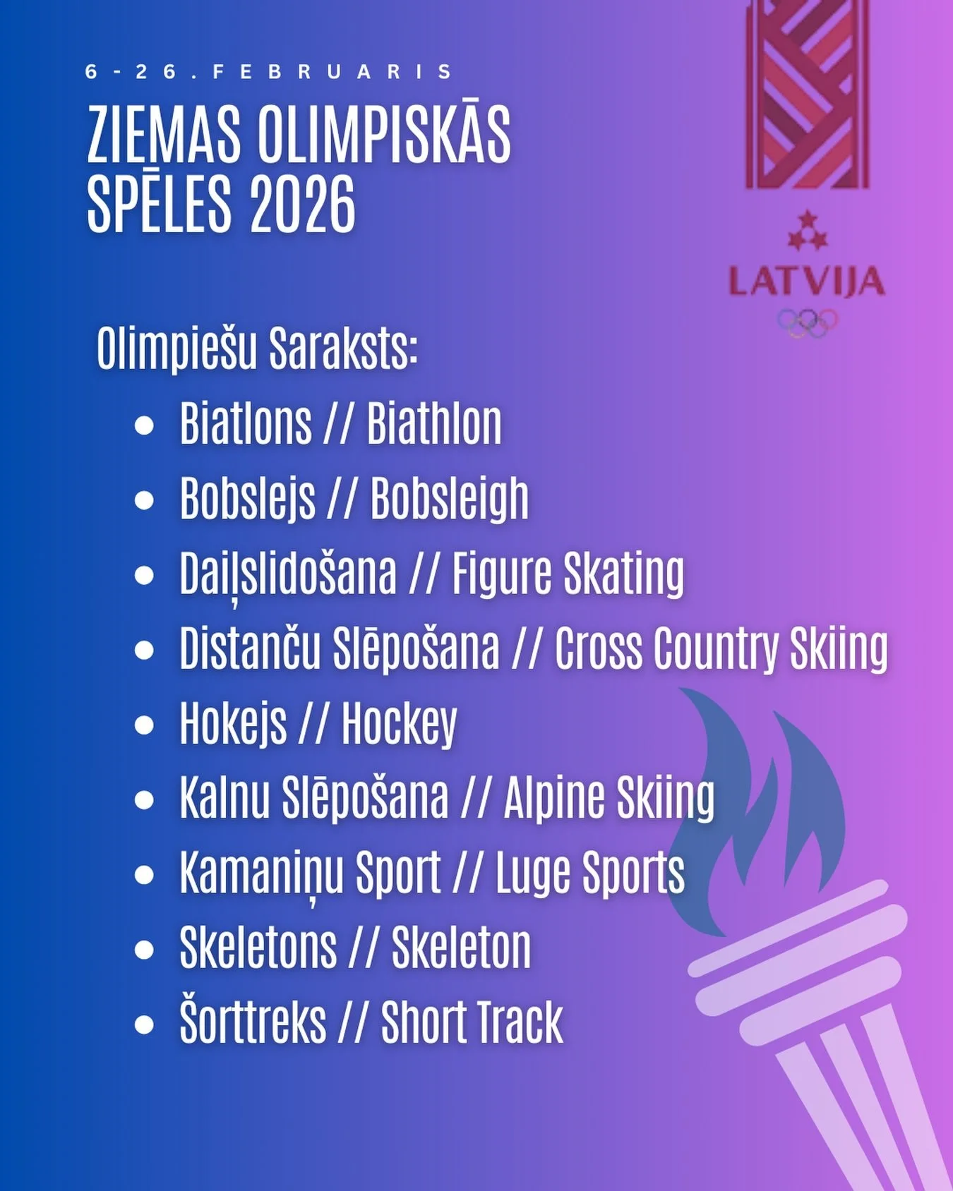 ❄️ Ziemas Olimpiskās spēles ir oficiāli sāku&scaron;i ❄️

🇮🇹🇱🇻 Milānas un Kortīnas ziemas olimpiskās spēlēs piedalīsies 68 Latvijas sportisti, vēsturē lielākā latvie&scaron;u delegācija. 
🏒⛸️ ALJA sportu nozares vadītāja @liaberkolds (Liāna Berk