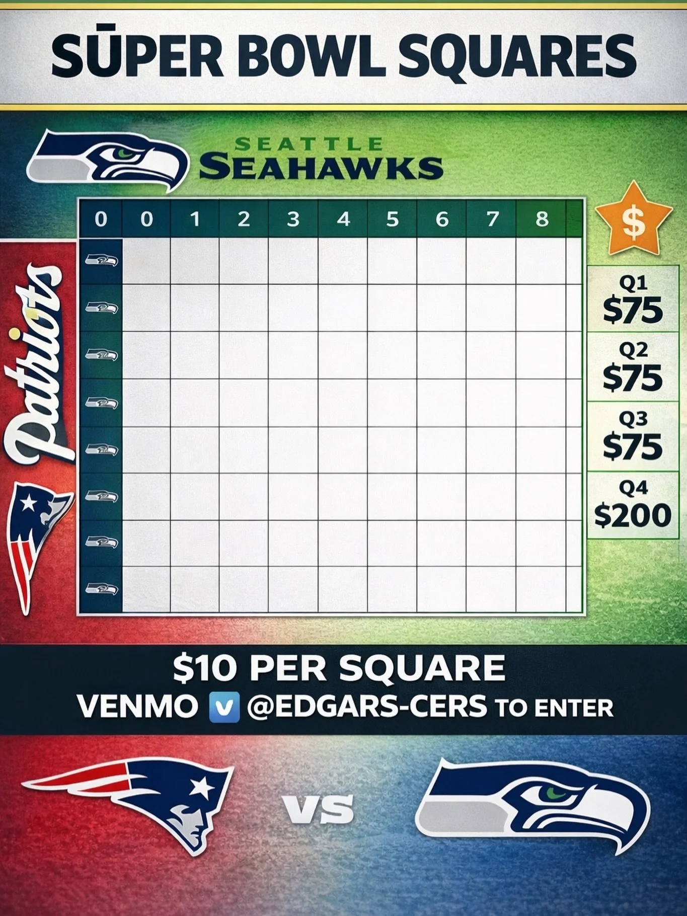 🏈 Super Bowl svētdiena ir klāt 🏈

Mēs &scaron;ogad atkal aicinām visiem piedalīties sūper bowl squares
💵 $10, per square, with payouts every quarter 
➡️ All proceeds go to ALJA 
Squares will be randomly assigned!! 
Venmo @edgarscerss to secure you