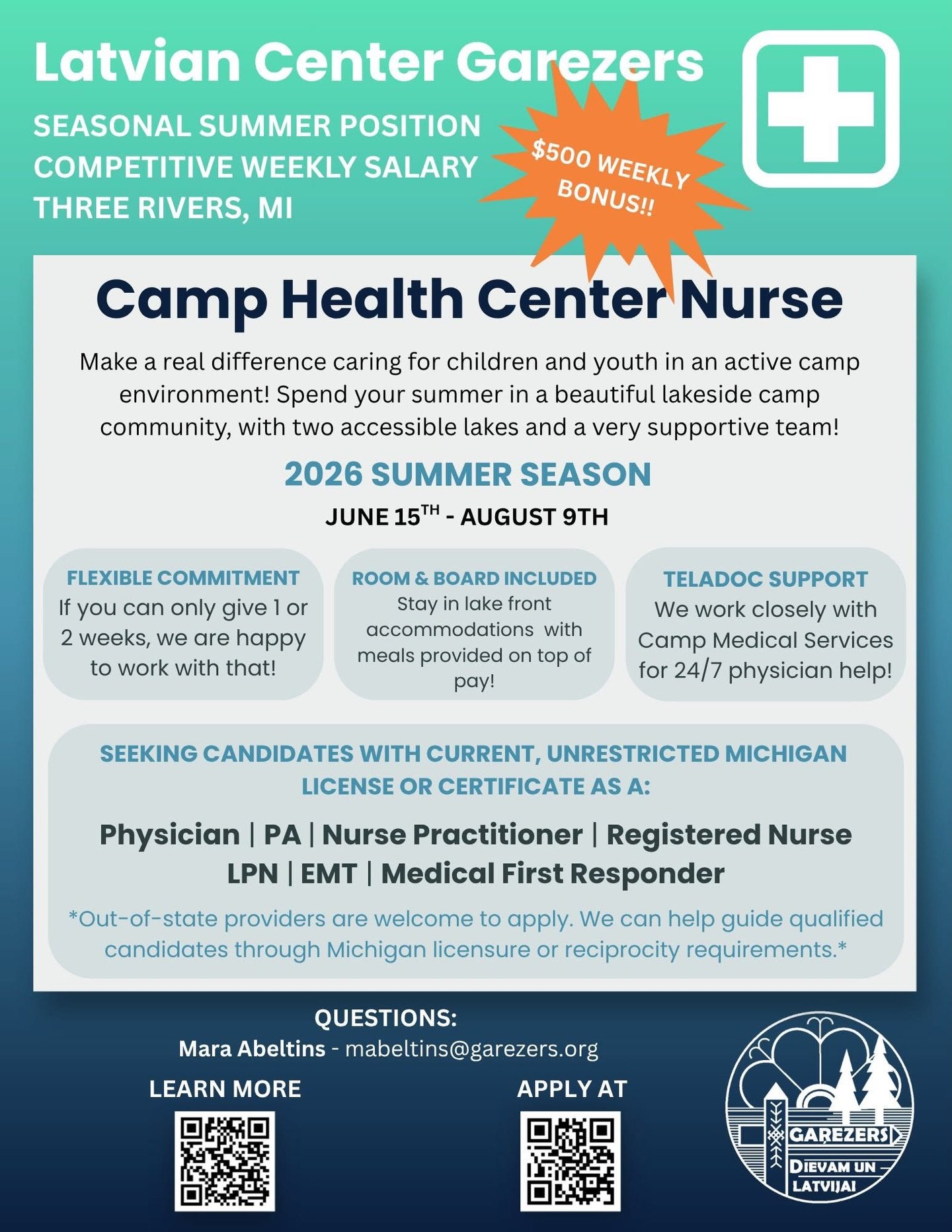Latvian Center Garezers @latviancentergarezers is looking for camp health center nurses 🩺

💸 $500 weekly bonus
🏡 Room and board included 

☀️ Summer session: June 15th - August 9th 
- Can work only 1-2 weeks if that is your availability 

Question