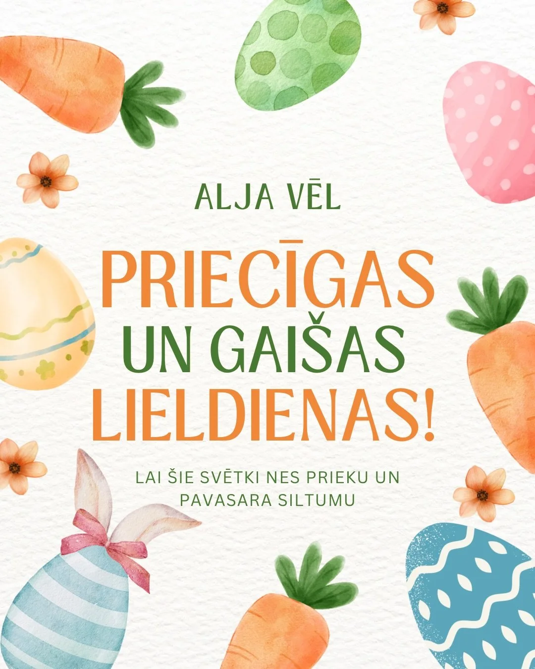 Priecīgas Lieldienas! 🐣☀️🌷🐰
Lai ir krāsainas olas, gardi ēdieni un lustīgas &scaron;ūpoles!! 🪺

Happy Easter! 🐣☀️🌷🐰
May you have colorful eggs, delicious food and fun swinging! 🪺
