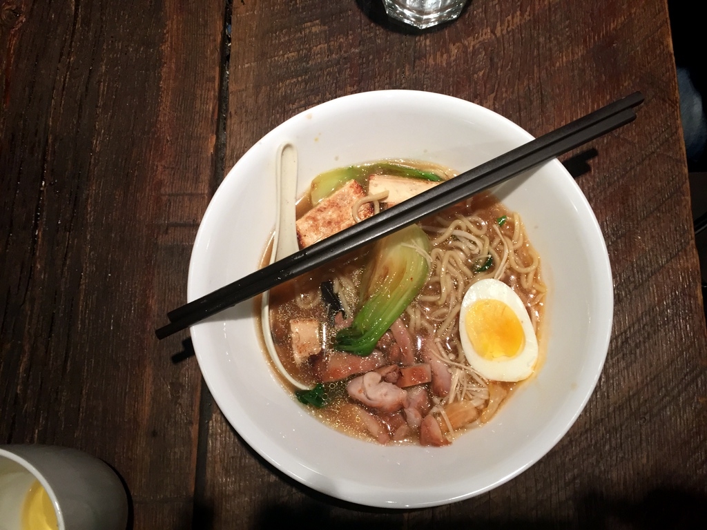 Mid-meal shot of Friday's homemade chicken shio ramen. BBQ chicken, egg, kimchi, bok choy, enoki and shitake mushrooms, marinated tofu.